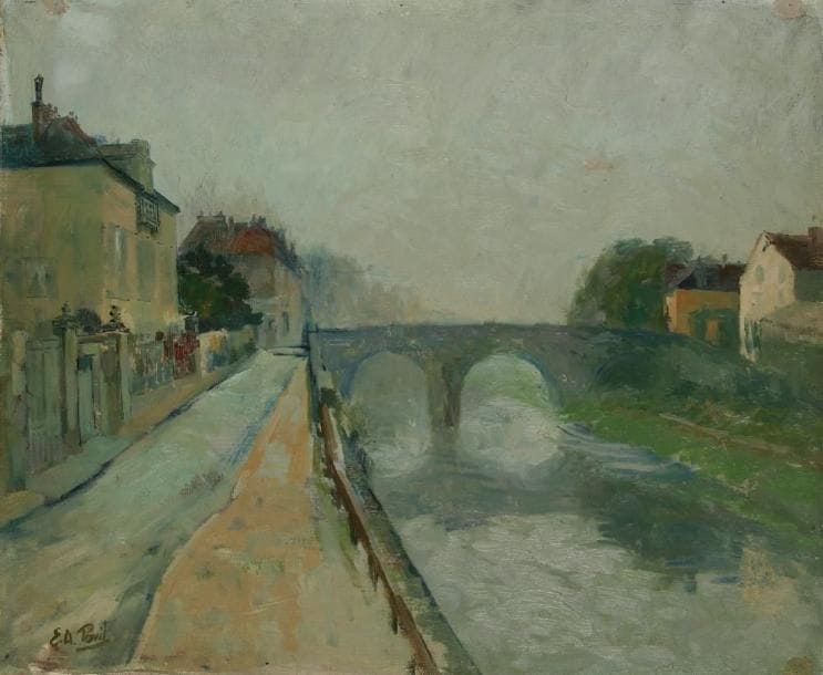 Elie Anatole PAVIL (1873-1944)
Bord de rivière, 1927 Huile sur toile. Signée en bas à gauche. (Petites usures et restauration). H: 54 x L: 65 cm Provenance: Ancienne collection Lina Pavil (fille du peintre)