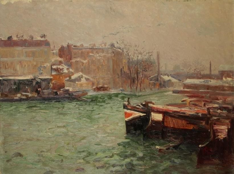 Elie Anatole PAVIL (1873-1944)
Port de la Villette sous la neige, vers 1907-1910 Huile sur toile. Signée en bas à gauche. H: 54 x L: 73 cm