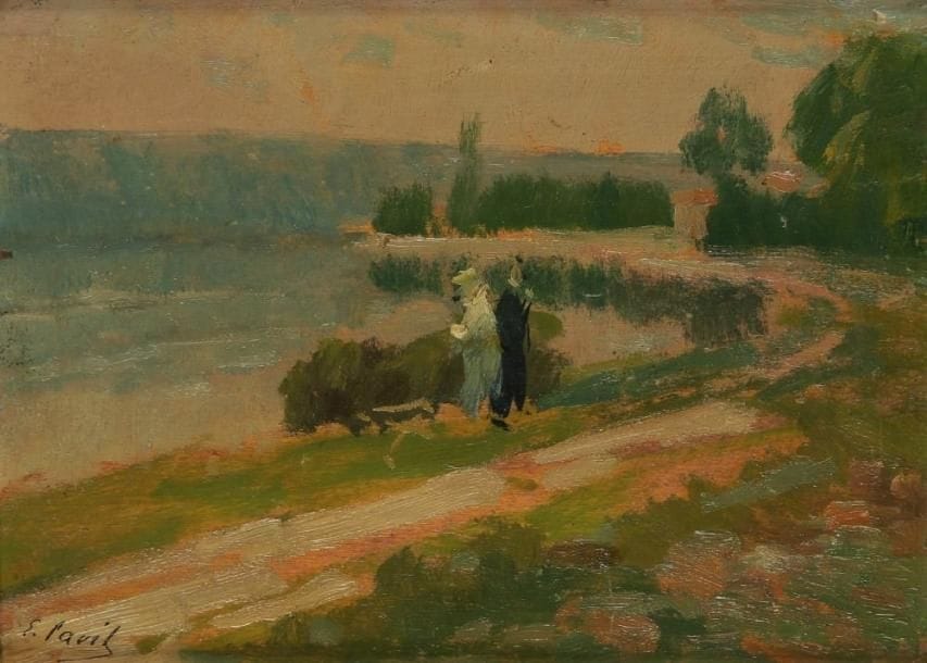 Elie Anatole PAVIL (1873-1944)
Promenade au bord du fleuve, vers 1907-1910 Huile sur panneau. Signée en bas à gauche. H: 16 x L: 22 cm