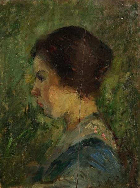 Elie Anatole PAVIL (1873-1944)
La Fille du peintre, 1911 Huile sur panneau. Signée en bas à droite. (Fente au panneau). H: 35 x L: 26 cm Provenance: ancienne collection Marie Coudon (née Pavil), deuxième fille du peintre