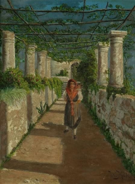 W. KOLBE
Femme et enfant sous la pergola Huile sur toile. Signée en bas à droite. Une pièce au dos. H: 35,5 x L: 27 cm