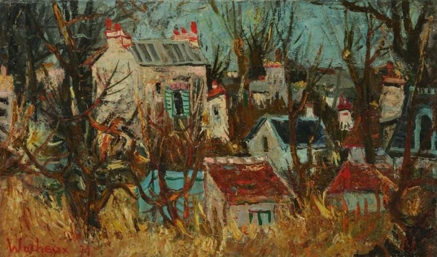 Yves WACHEUX (né en 1933)
Le Bas de Rueil, 1974 Huile sur toile. Signée et datée en bas à gauche. Titrée au dos. H: 27 x L: 46 cm
