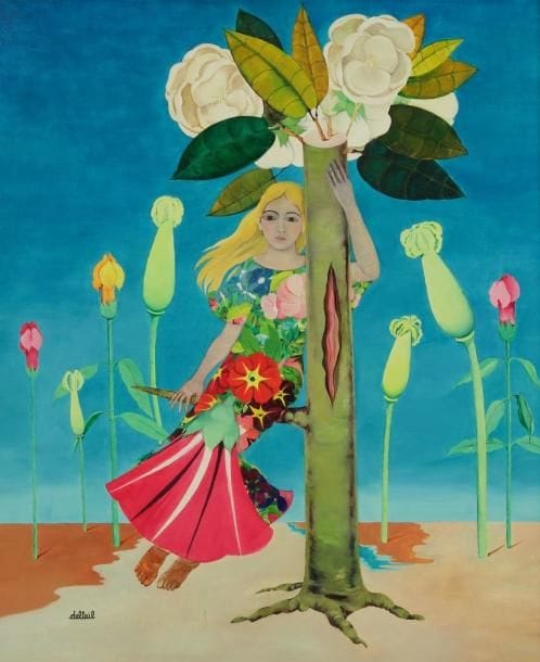 Maïté DELTEIL (née en 1933)
La Femme fleur Huile sur toile. Signée en bas à gauche. Griffure à la peinture en bas à droite. H: 67 x L: 54 cm