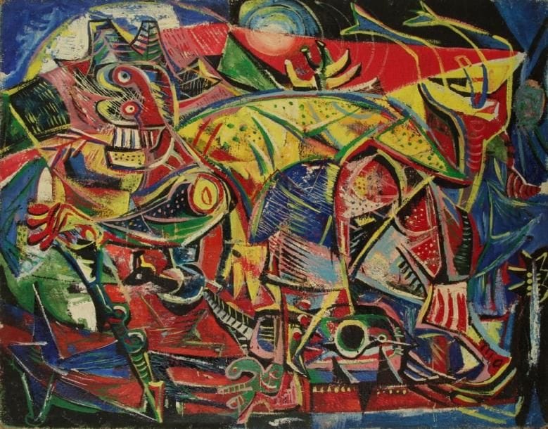 Émile HECQ [belge] (1924-2008)
Animal fantastique à la lune Huile sur toile. H: 111 x L: 140 cm