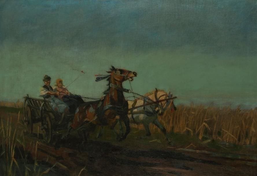 Janos VISKI [hongrois] (1891-1961)
Paysans hongrois en chariot Huile sur toile. Signée en bas à droite. H: 70 x L: 100 cm Provenance: Vente Chayette-Calmels, Paris, 13 mars 1987