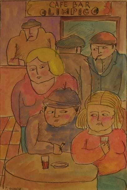 José GURVICH [uruguayen] (1927-1974)
Au café Olimpico Aquarelle sur traits de crayon. Signée en bas à gauche. H: 51 x L: 34 cm