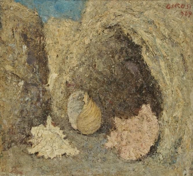 Franco GIROSI [italien] (1896-1987)
La Grotta delle Conchiglie, 1960 Huile sur panneau. Signée et datée en haut à droite. Titrée au dos sur une étiquette. H: 58 x L: 61 cm