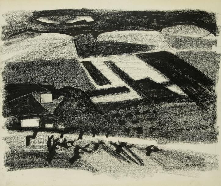 Raymond GUERRIER (1920-2002)
Paysage, 1962 Fusain et encre. Signé et daté en bas à droite. H: 59 x L: 67,5 cm