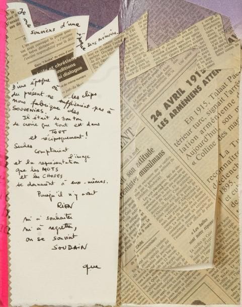 Bertrand DORNY (né en 1931)
Je me souviens Livre d'artiste en papier découpé. Collages et textes manuscrits de l'artiste. Signé sur la dernière page. Édité à 5 exemplaires. H: 25 x L: 11 cm