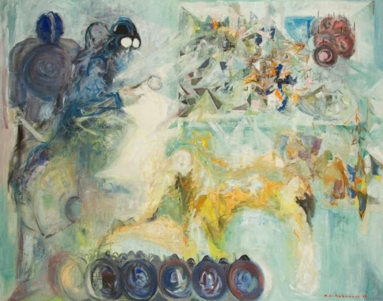Helene DE BEAUVOIR (1910-2001)
La Nuit était verte, 1968 Huile sur toile. Signée et datée en bas à droite. Signée, datée et titrée au dos. (Petit trou). H: 116 x L: 146 cm