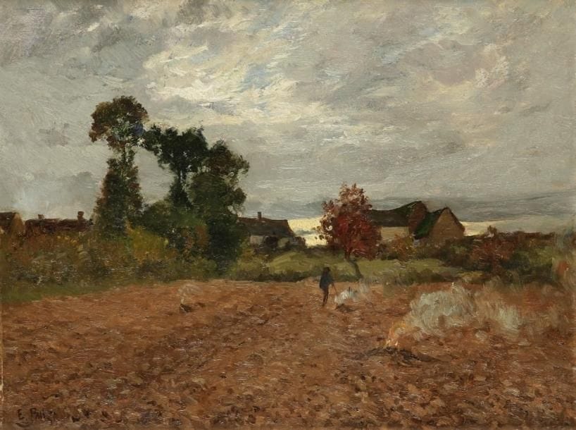 Édouard PAIL (Corbigny 1851-Villeneuve-le-Roi 1916)
Paysan brûlant les chaumes Panneau. Signé en bas à gauche E. Pail. H: 27 x L: 35 cm