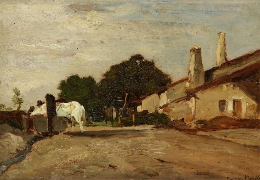 Émile Van MARCKE de LUMMEN (Sèvres 1827-Hyères 1890)
Vue d'une ferme Toile marouflée sur carton. Signée en bas à droite Marcke de Lummen. H: 24 x L: 33 cm