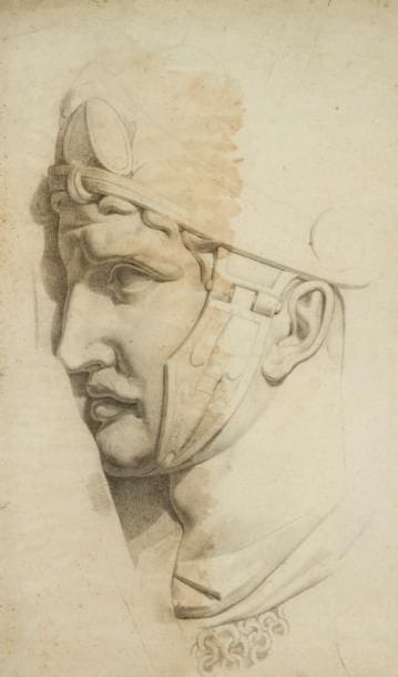 ANONYME
Étude de tête d'homme à l'antique Dessin à la mine de plomb. Non signé. (Petits accidents et taches). H: 50,5 x L: 31 cm