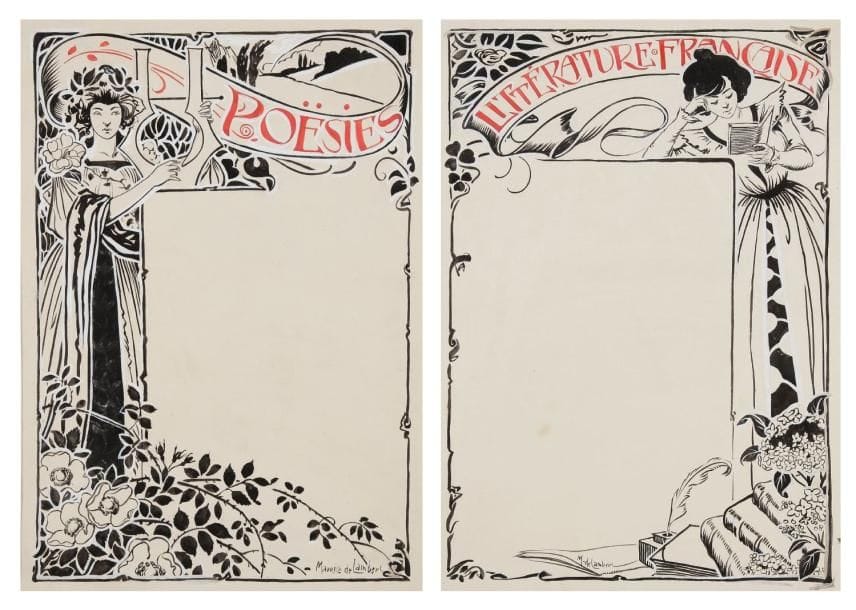 Maurice de LAMBERT (1873-?)
La Poésie - La Littérature Française Deux encres et gouaches. Signées. Maquettes pour menus? H: 37 x L: 25 cm chacune