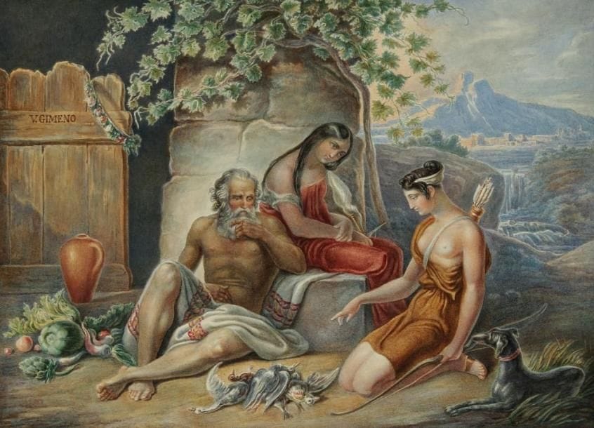 Vincente GIMENO y CARRA (1796-1857)
Sujet mythologique avec Diane chasseresse Gouache. 20 x 26,5 cm Signée en haut à gauche sur la porte V. Gimenosi