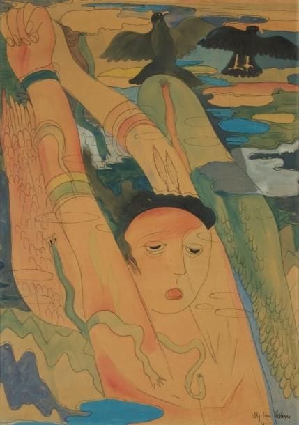 Aly BEN SALEM (1910-2001)
Femme aux oiseaux, 1942 Dessin à l'aquarelle et encre. Signé et daté en bas à droite. (Plis). H: 74 x L: 53 cm