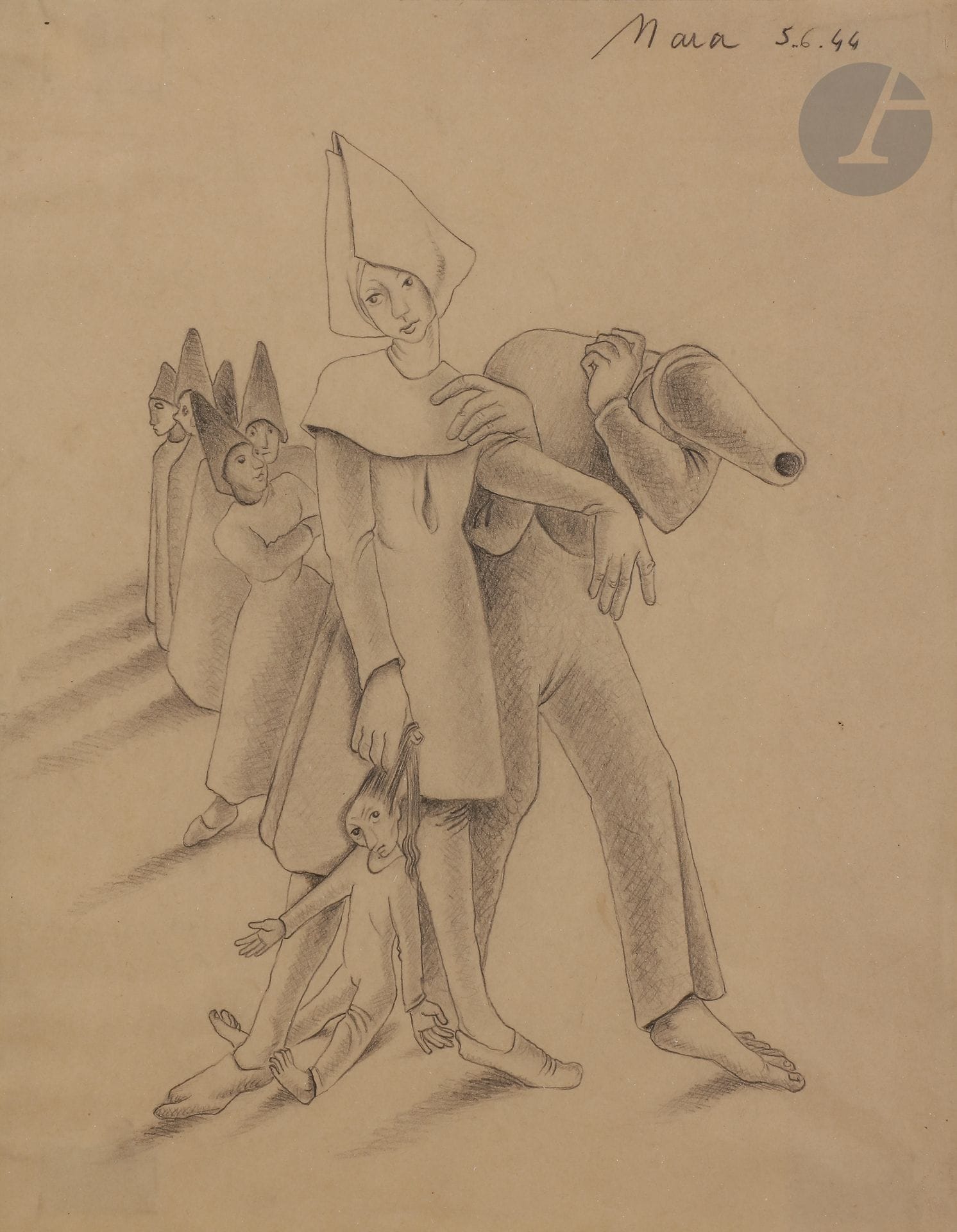 Mara RUCKI (née en 1920)
Les Noctambules, 1944
Mine de plomb.
Signée et datée en haut à droite.
26 x 20 cm