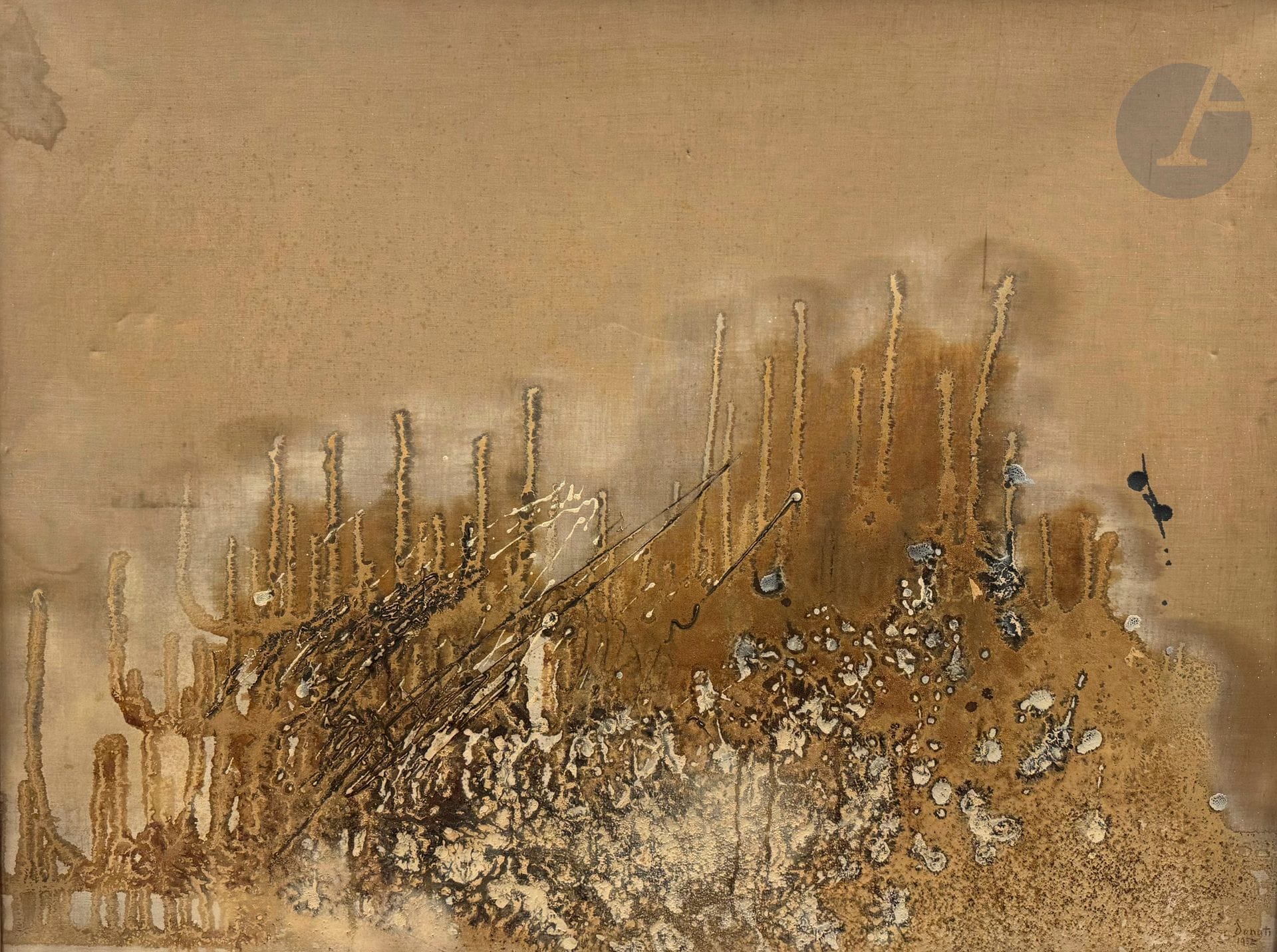 Enrico DONATI [italo-américain] (1909-2008)
L'Atoll, 1952
Technique mixte sur toile.
Signée et datée en bas à droite.
Signée, datée, titrée et dédicacée au dos.
(Petits enfoncements et taches).
77 x 102 cm