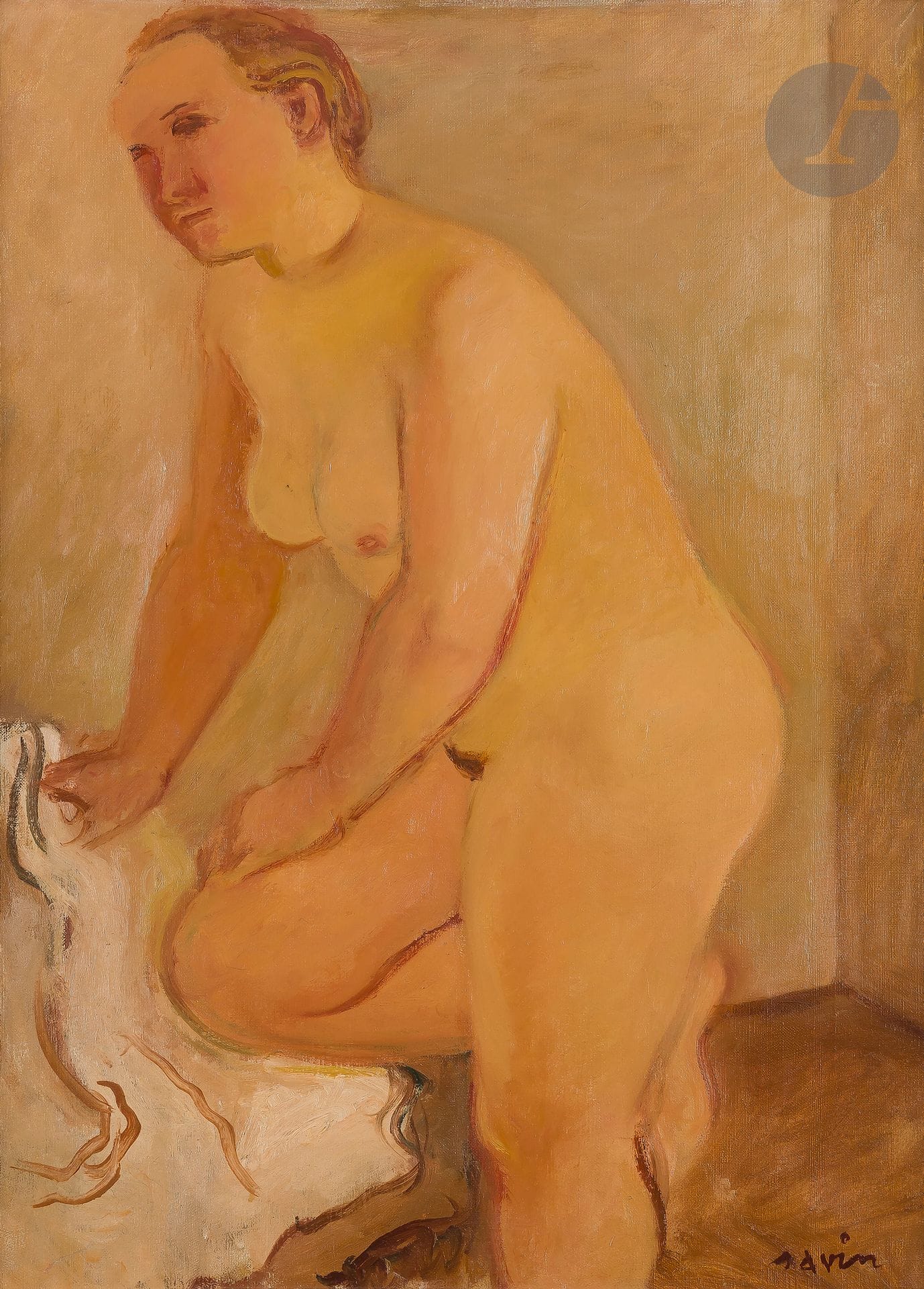 Maurice-Louis SAVIN (1894-1973)
Nu debout, 1941
Huile sur toile.
Signée en bas à droite.
Signée, datée et titrée au dos.
73 x 54 cm