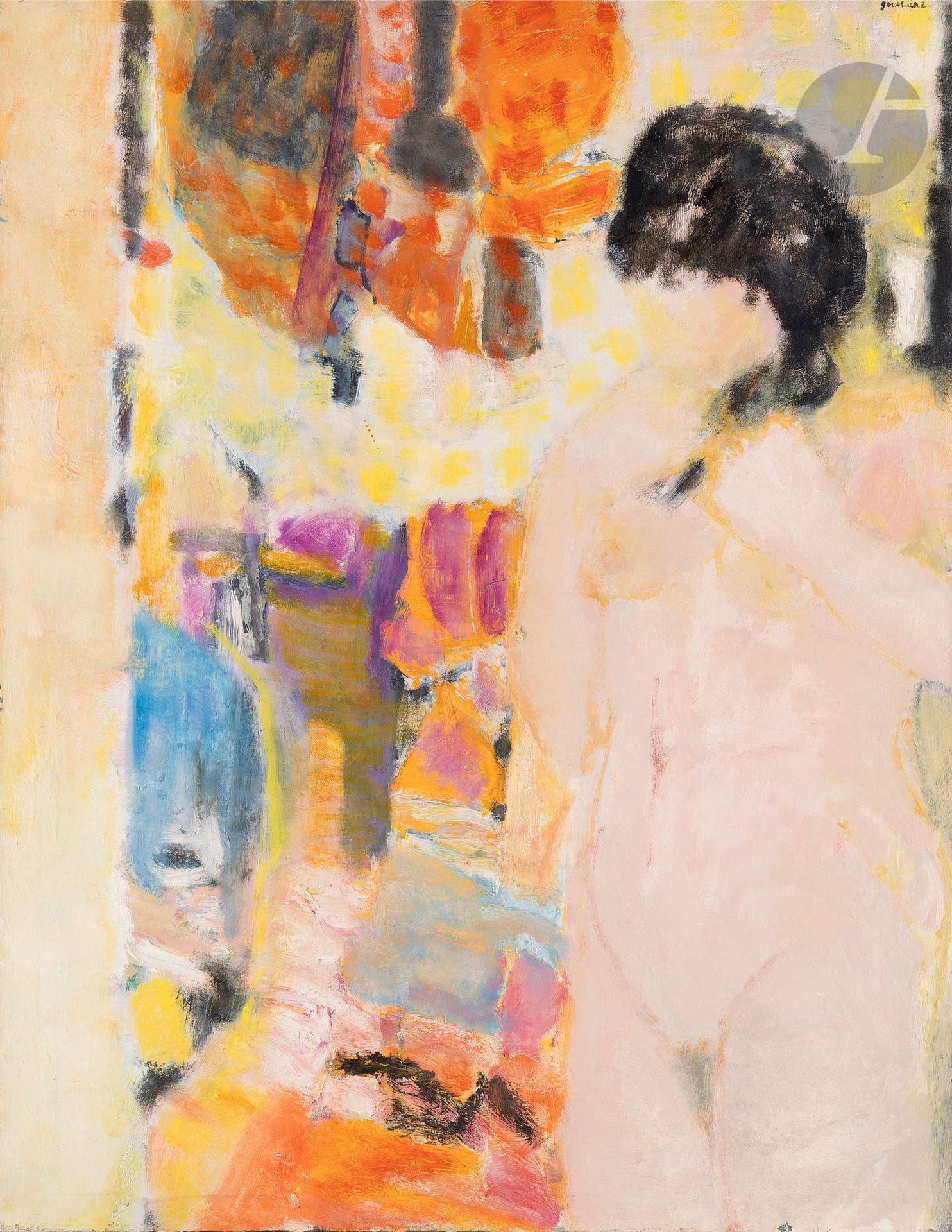 Gérard Diaz dit GERARDIAZ (né en 1938)
Nu au soleil, 1963
Huile sur toile.
Signée en haut à droite.
Datée et titrée au dos sur le châssis.
92 x 73 cm