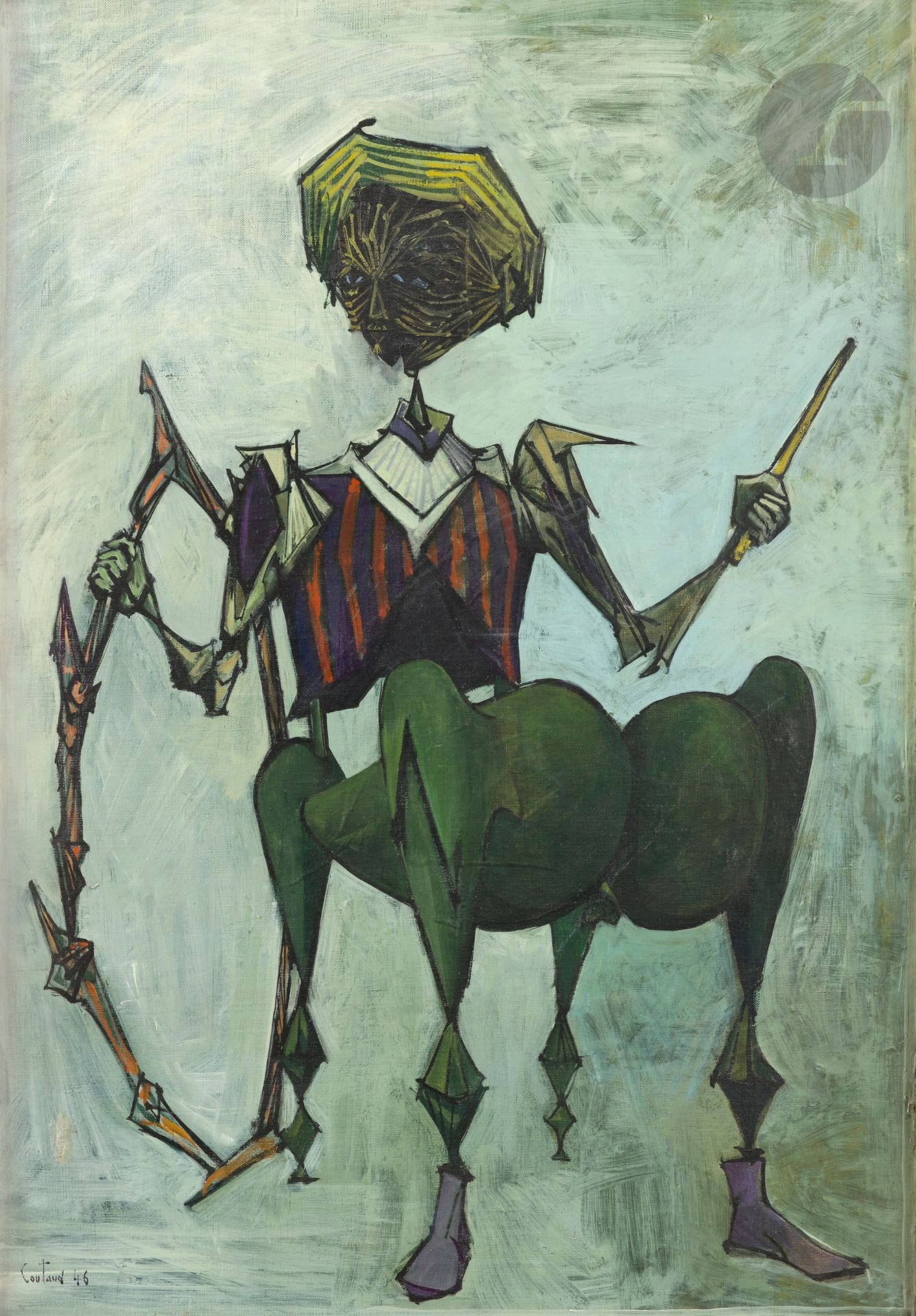 Lucien COUTAUD (1904-1977)
L'Enfant au cerceau, 1946
Huile sur toile.
Signée et datée en bas à gauche.
Titrée au dos.
(Petite restauration).
73 x 50 cm

Provenance : 
- Ancienne collection René Lust, Bruxelles.
- Collection particulière.

Expositions :
- Galerie Roux Hentschel, Paris, 1946.
- Musée d'Art Moderne, Kamakura, 1953.
- Bridge Stone Gallery, 1953.
- Rétrospective, Drouot Montaigne, Paris, 1989.

Bibliographie : 
- Lucien Coutaud et la peinture, Nîmes, Un plus éditions, 2004.
- Association Lucien Coutaud, Catalogue raisonné de l'œuvre de Lucien Coutaud, ALC éditions, 2020.

" L'enfant au cerceau, avec son regard fixe, comme s'il posait devant l'objectif d'un photographe, est présent sur plusieurs toiles. Cet enfant, une chaise transformée en enfant, si ce n'est l'inverse, à l'instar de la porteuse de pain, a certainement un secret, mais Coutaud ne nous le dévoile pas. Ce n'est que bien plus tard que l'on retrouvera les deux photographies de lui, à l'âge de trois ans, sur lesquelles on le voit poser dans la même attitude, avec un cerceau et un bâton ". Jean Binder, Lucien Coutaud. L'envers du surréalisme, ALC, 2018.

Nous remercions Monsieur Jean Binder pour les informations qu'il nous a transmises.