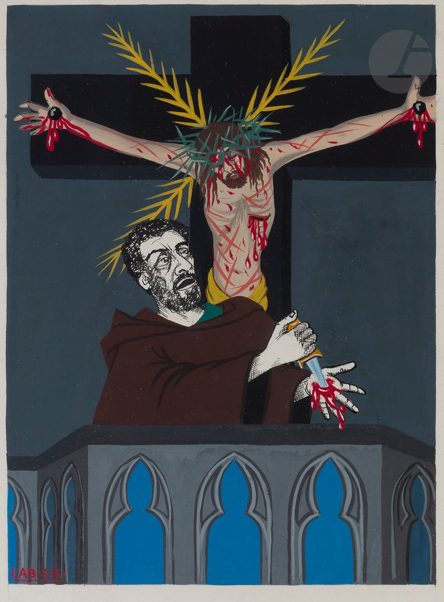 Félix LABISSE (1905-1982)
Le Diable et le bon Dieu, 1962
Gouache.
Signée en bas à gauche.
(Trous de punaise).
31 x 22,5 cm

Il s'agit de d'illustration pour " Le Diable et le bon Dieu " du " Théâtre " de Jean-Paul Sartre édité par Gallimard (Pierre Brasseur dans la scène des stigmates).