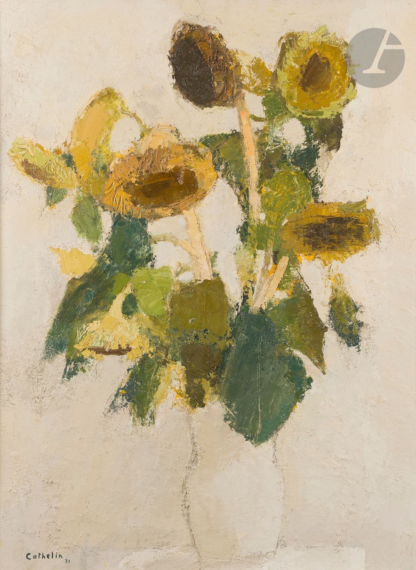 Bernard CATHELIN (1919-2004)
Bouquet de tournesols, 1971
Huile sur toile.
Signée et datée en bas à gauche.
Signée, datée, titrée et numérotée au dos.
130 x 97 cm
