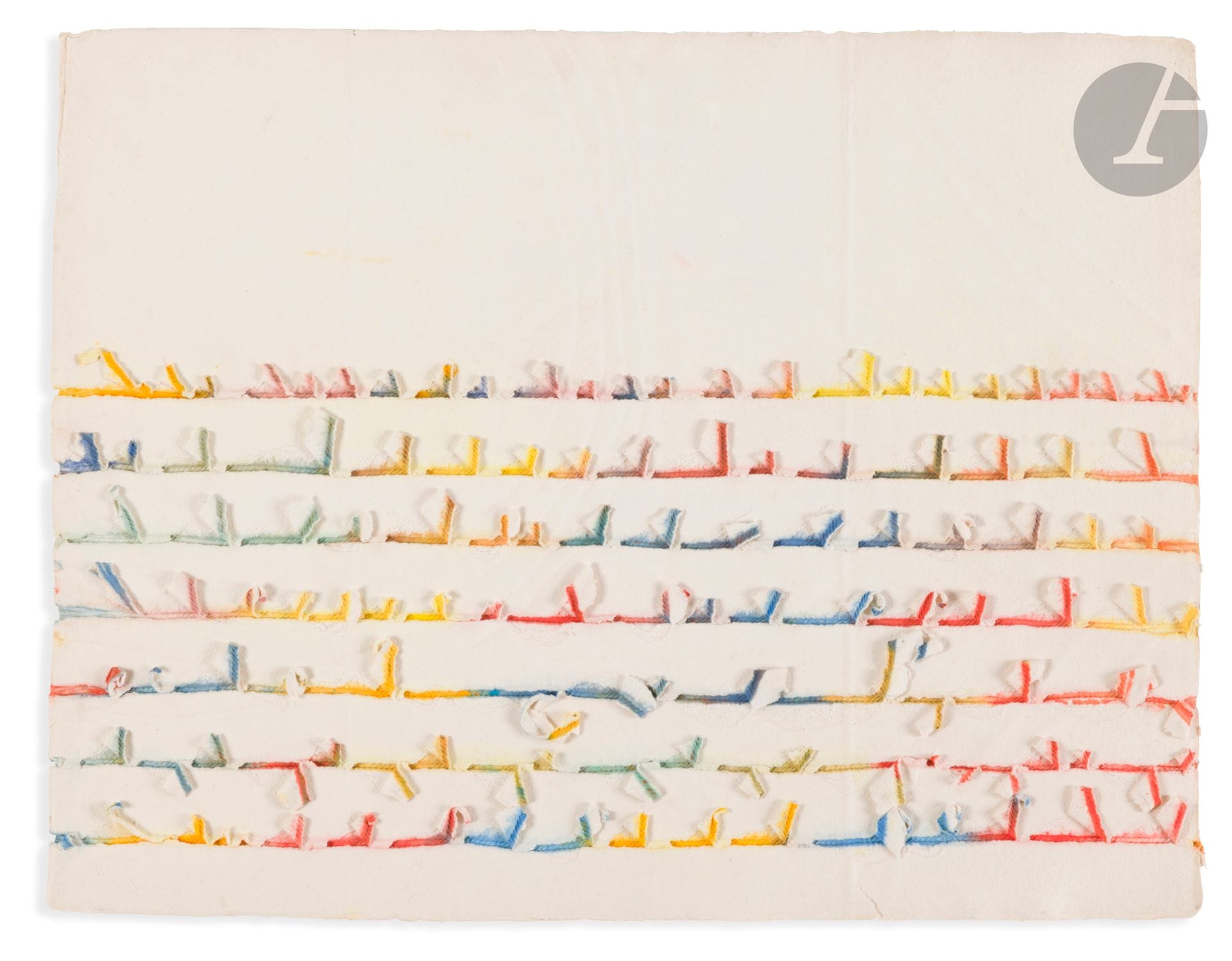Anne-Marie MILLIOT (1936-2019)
A ! Les Zi rondelles, 1980
Papier d’Ambert et arrachages de cordes teintées.
Signé, daté et titré au dos.
50 x 65 cm