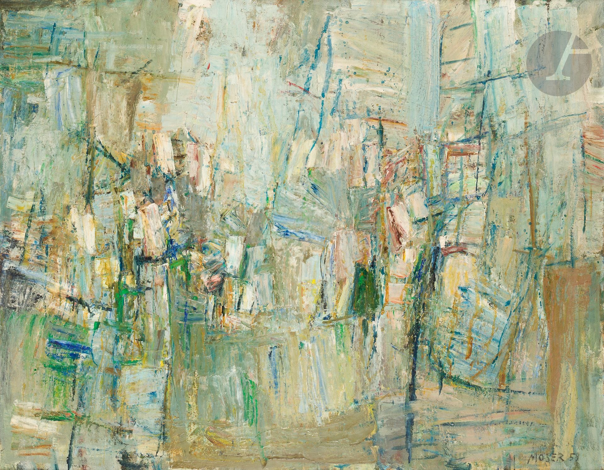 Wilfrid MOSER [suisse] (1914-1997)
Tempé, 1959
Huile sur toile.
Signée et datée en bas à droite.
Signée, datée et titrée au dos.
89 x 116 cm

Expositions : 
- Kunsthalle, Berne, n° 684.
- Kunstmuseum, Lucerne, n° 32. 
- Wilfrid Moser, Kunsthaus, Zurich, 3 septembre - 31 octobre 1993, catalogue, n° 79, reproduit p. 93 (étiquettes sur le châssis).