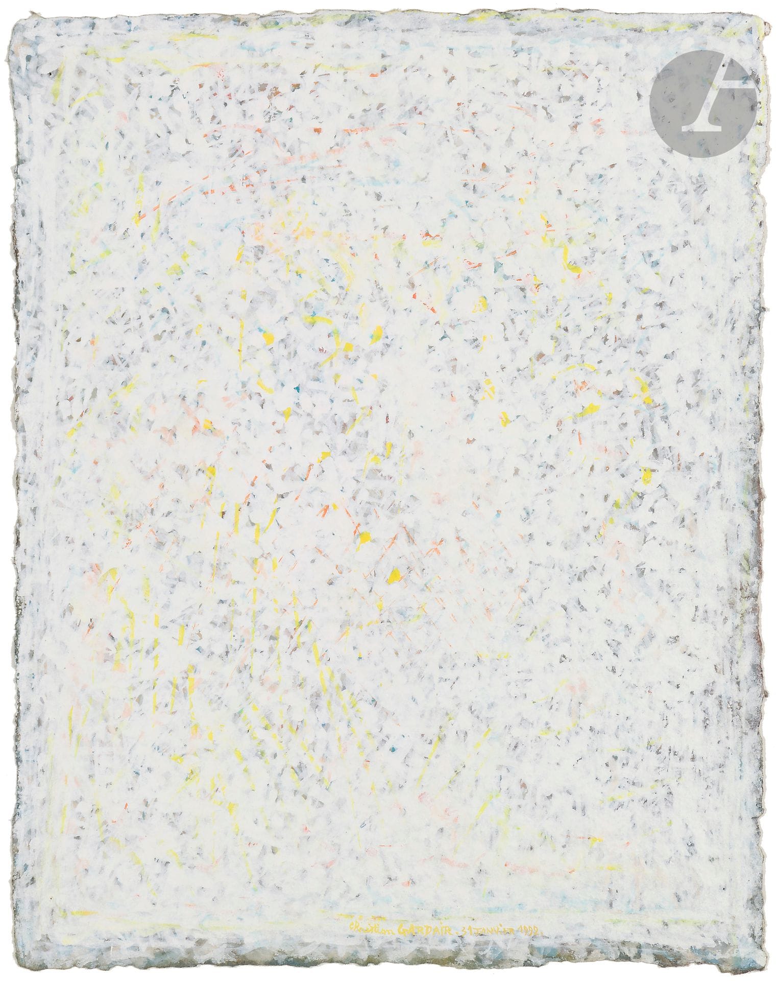 Christian GARDAIR (né en 1938)
À la santé des cieux du large, 1992
Gouache.
Signée et datée en pied.
Signée, datée et légendée au dos.
31 x 24,5 cm