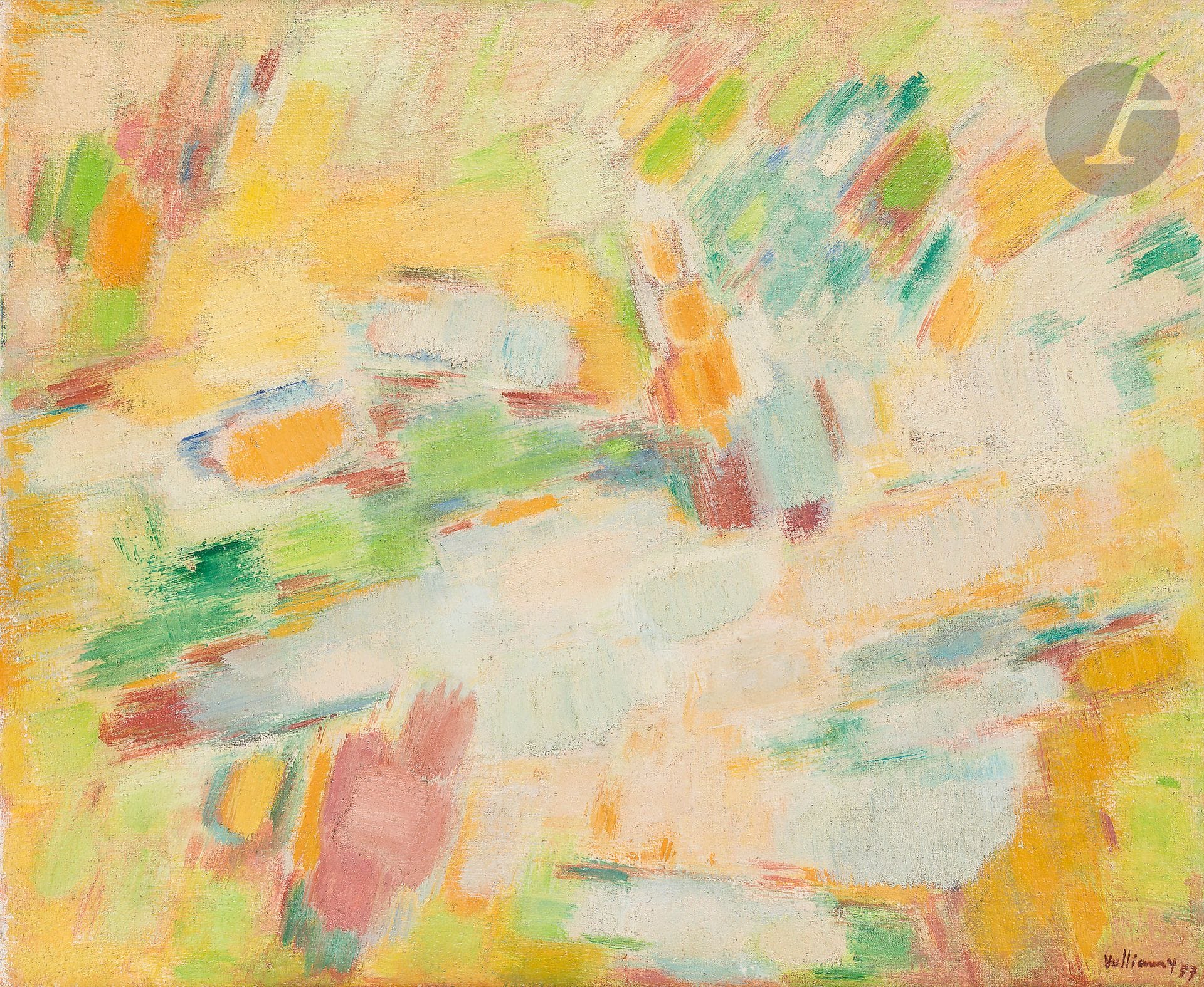 Gérard VULLIAMY (1909-2005)
Peinture n°93, 1957
Huile sur toile.
Signée et datée en bas à droite.
Signée et numérotée au dos.
54 x 65 cm

Provenance : 
- Ancienne collection Jean-Louis Roque. 
- Vente Versailles Enchères, Maîtres Perrin-Royère-Lajeunesse, Versailles, 12 décembre 2004, n° 39.