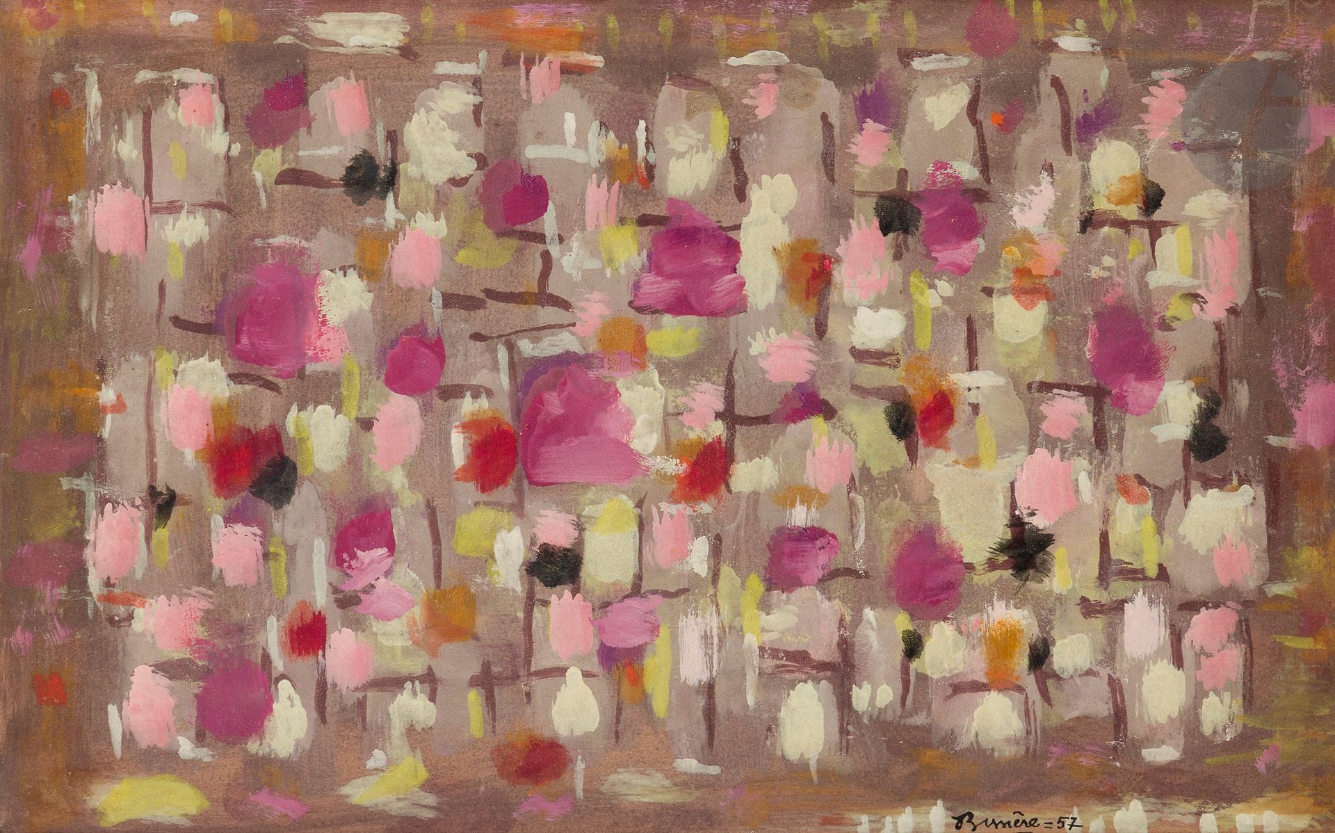 Roger BISSIÈRE (1886-1964)
Quatre saisons IX, 1957
Huile sur papier contrecollé sur panneau.
Signée et datée en bas à droite.
26 x 41 cm

Exposition : 
Galerie Jeanne Bucher, Paris, 1958, catalogue, planche IX.

Bibliographie : 
Isabelle Bissière, Virginie Duval, Bissière : Catalogue raisonné, 1944-1964, Neuchâtel, Ides et calendes, 2001, n° 2395, reproduit p. 810.

Lors de l’exposition à la Galerie Jeanne Bucher en 1958, Bissière présente une série de 34 huiles sur papier sur le thème des Quatre saisons dont notre oeuvre fait partie. Il s’agit d’une «sorte de journal de la vie quotidienne que l’artiste réalise pour lui-même. Ce «carnet de route» jalonne le chemin de Bissière à travers ces paysages où la nature et le poète échangent leur âme». 
(Journal édité à l’occasion du 90e anniversaire de Jean-François Jaeger et ses 66 années de galerie, Matière et mémoire, La Demeure du patriarche, 19 novembre 2013 - 25 janvier 2014.