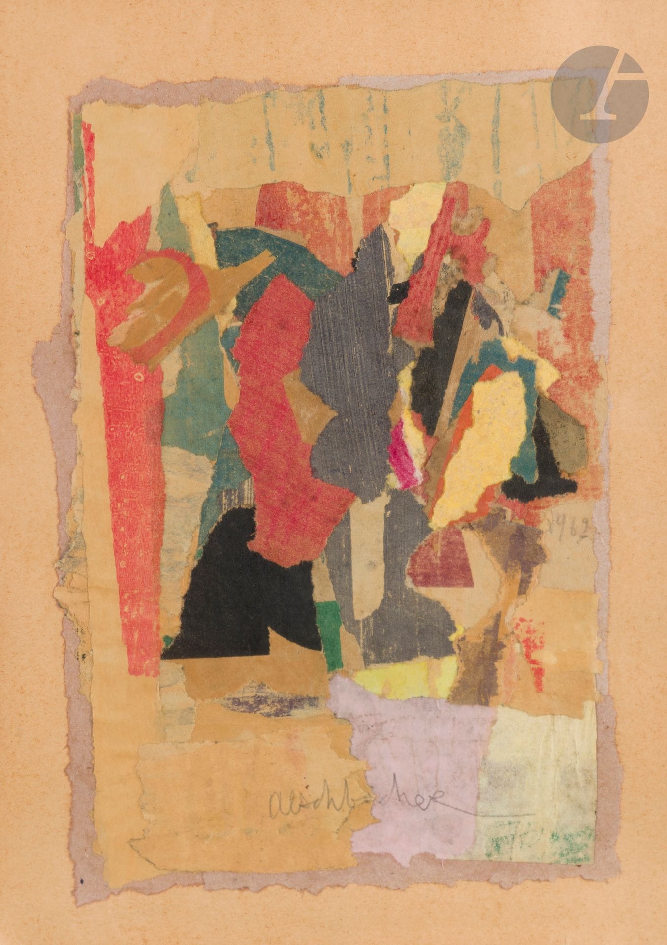 Arthur AESCHBACHER [franco-suisse] (1923-2020)
Sous la braise du tambour, 1962
Collage d’affiches lacérées.
Signé en pied.
Daté sur la droite.
Signé et titré au dos.
29,5 x 21 cm