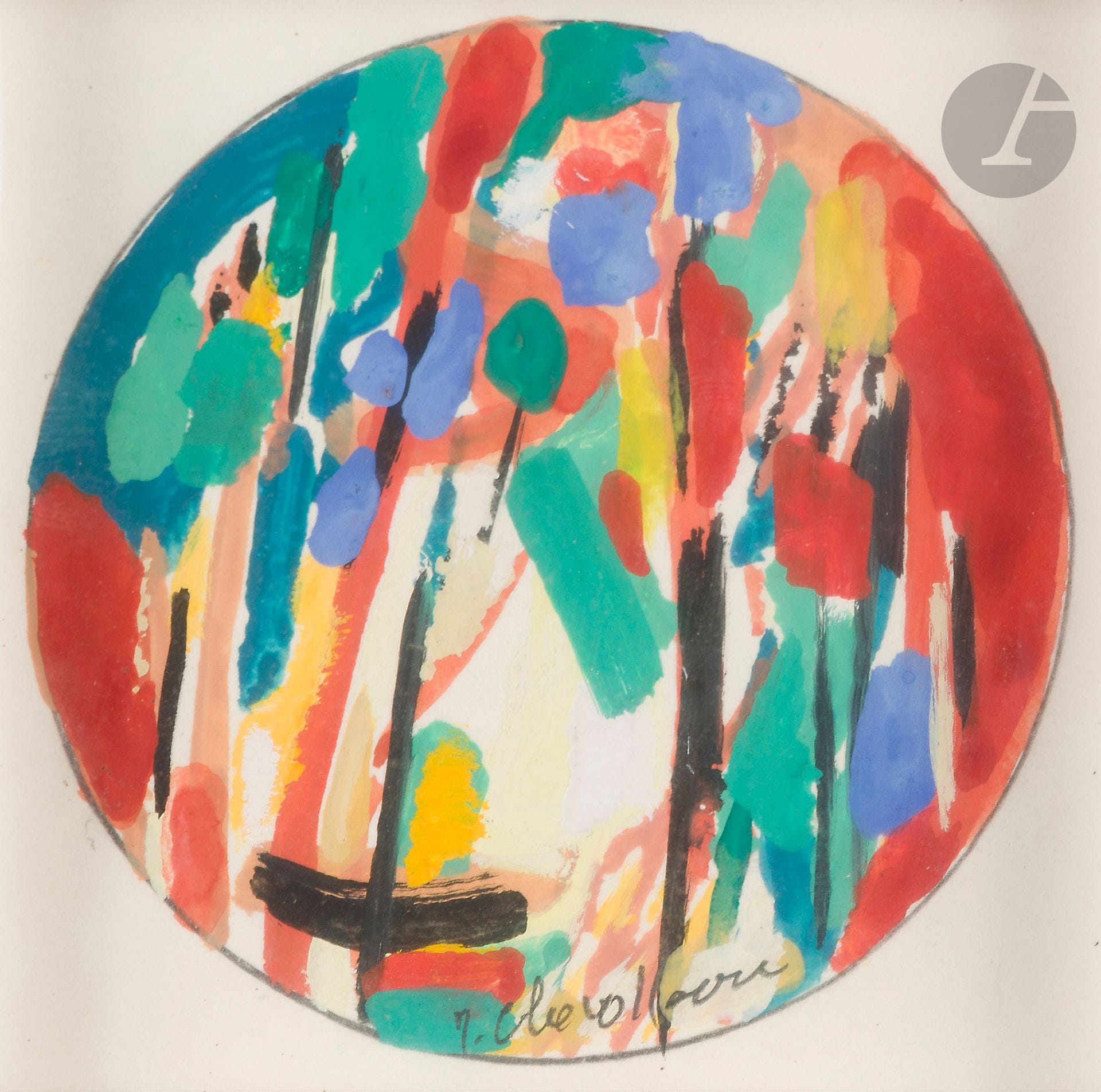 Jean CHEVOLLEAU (1924-1996)
Marsh
Gouache in tondo.
Signed at foot.
Signed and titled on the back.
Diameter : 9 cm