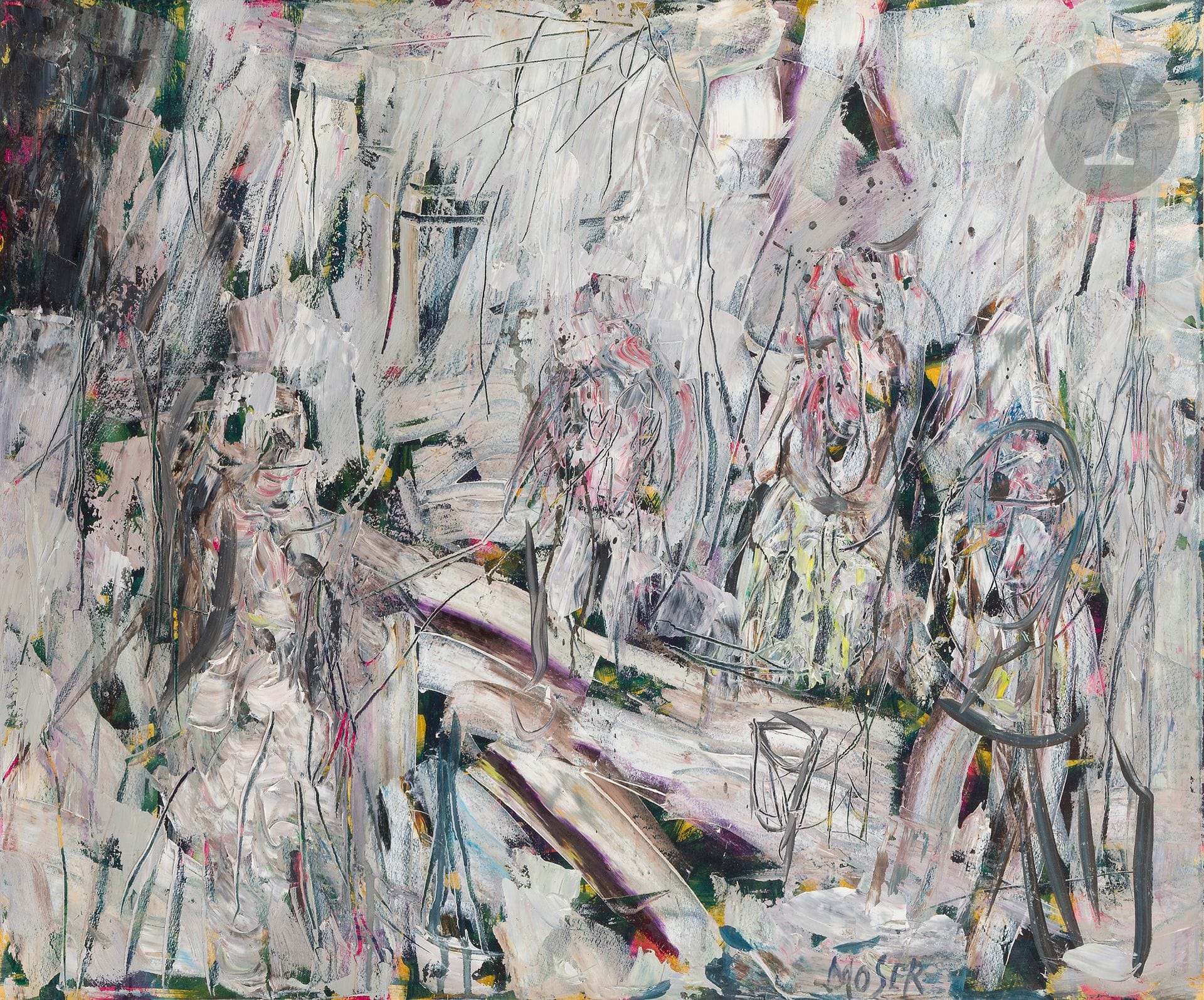 Wilfrid MOSER [suisse] (1914-1997)
Le Dernier verre, 1991
Huile sur papier marouflé sur toile.
Signée en bas à droite.
Titrée et datée au dos.
54 x 65 cm

Provenance : 
Galerie Jeanne Bucher, Paris (étiquette sur le châssis).

Exposition : 
FIAC Paris, 1992, Galerie Jeanne Bucher.