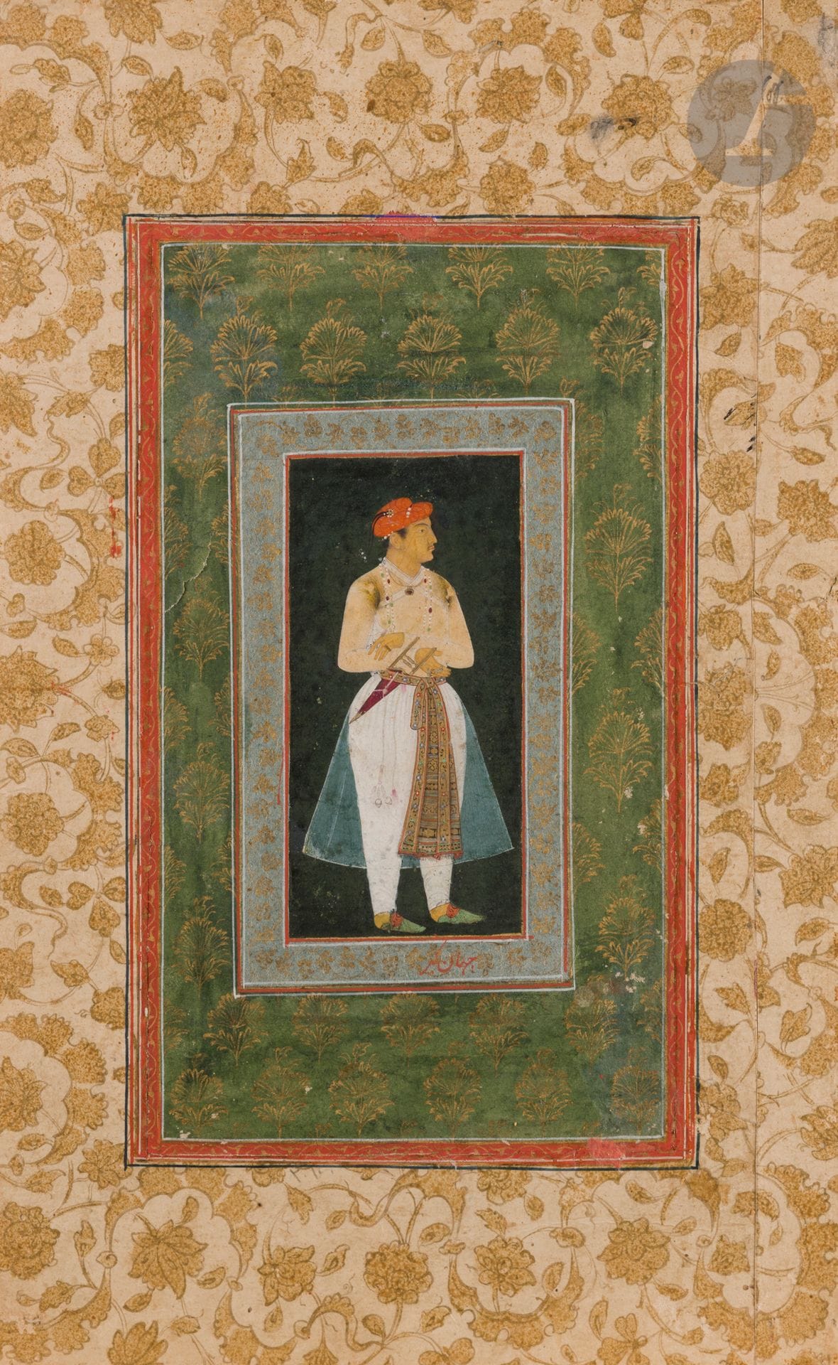 Captioned portrait of Prince Salim, future Emperor Jahangir, Mughal India, 18th century
Gouache and gold on paper depicting the emperor standing three-quarters to the right, arms crossed. He is wearing an orange turban with aigrette and a translucent jama held in place by a gold belt with colorful vegetal and geometric motifs, over white pants. Mounted on an album page with colored borders decorated with gilded floral motifs and a beige margin with gold-painted rinceaux decorated with flowers and tchi clouds. 
Painting size: 11.5 x 5.5 cm; page size: 34 x 21.2 cm
Minor polychromatic shifts, small accidents and stains, small repaints, margin enlarged on the right-hand side.

Provenance: Sotheby's sale, London
Sotheby's sale, London, Kevorkian Foundation Collection, December 6, 1967, lot 148.

Although captioned in Persian in the floral border "Jahangir", this portrait is actually that of the young Prince Salim before his accession to the throne in 1605 under the name of Jahangir.

Paris private collection, lots 166 to 193.