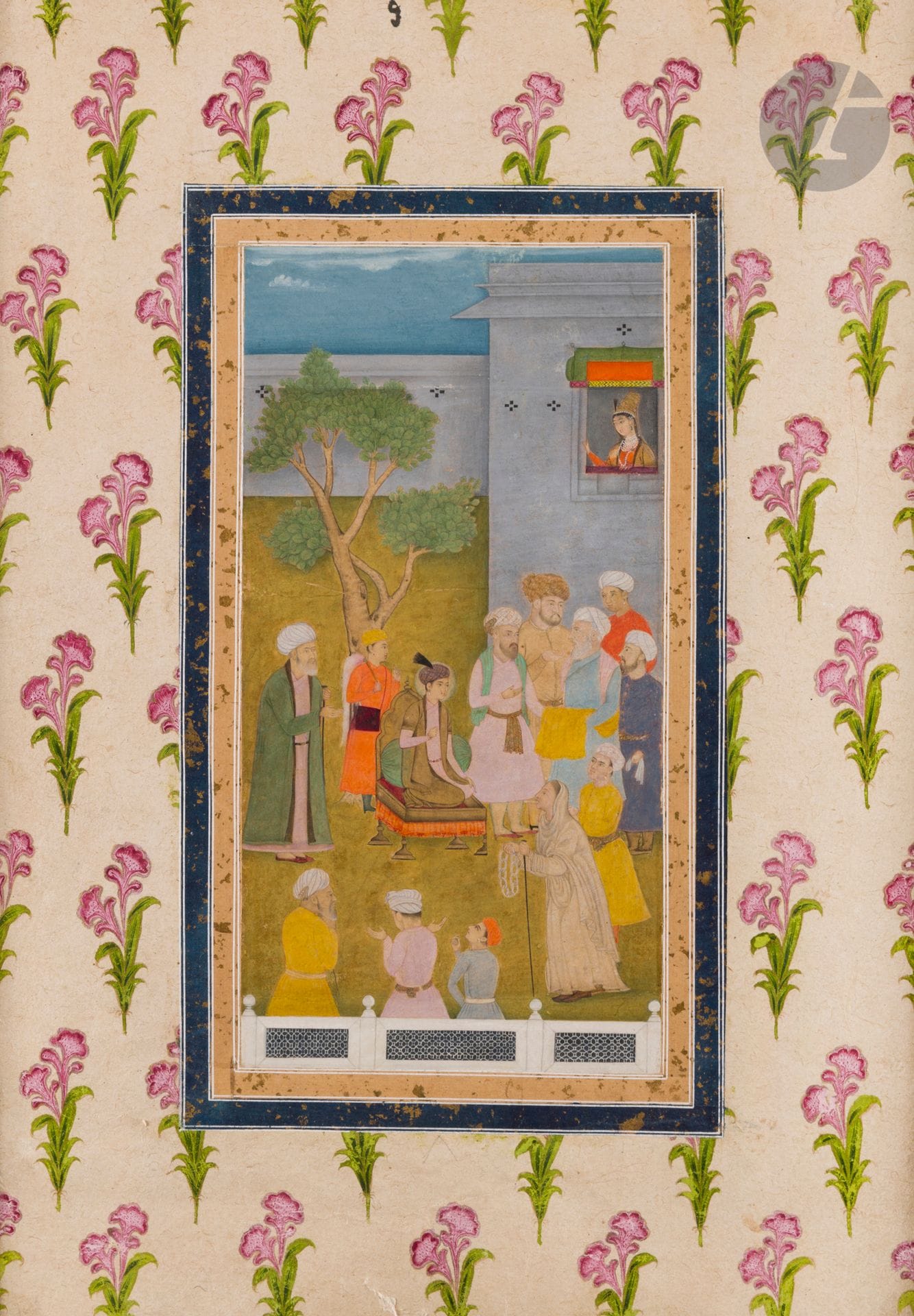 Yusuf et Zuleykha, Inde moghole, XVIIIe siècle
Gouache et or sur papier représentant le jeune Yusuf au visage nimbé agenouillé sur un trône, entouré d’une cour masculine et accompagné d’un servant tenant un chasse-mouches morshal dans une main. Il s’entretient avec Zuleykha prenant l’apparence d’une vieille femme en appui sur une canne et qui tient dans sa main droite une guirlande de fleurs. La scène se déroule dans une cour fermée par un parapet au premier plan et bordée d’un édifice à la fenêtre duquel apparaît une femme. Montée en page d’album avec deux bordures poudrées d’or et une marge florale ornée de tiges de fleurs roses.
Dim. peinture : 23 x 11,8 cm ; dim. totales : 38,9 x 27,4 cm
Petites pliures, petits sauts de polychromie, peinture d’origine agrandie en haut et en bas, quelques taches, accidents et usures en marges.

Provenance :
Vente Sotheby’s, Kevorkian Foundation Collection, London, 1er décembre 1969, lot 161.

L’histoire de Yusuf et Zuleykha est celle de Joseph (Yusuf) fils de Jacob, acheté comme esclave par Potiphar ou ‘Aziz Misr, officier de pharaon. La femme de ce dernier, nommée Zuleykha, tombe sous le charme de l’esclave à qui elle fait des avances que Yusuf refuse. Accusé d’avoir tenté de séduire Zuleykha, le malheureux finit en prison. Ce récit connu dans l’Ancien Testament est également familier aux musulmans, la Sourate XII du Coran étant dédiée à Yusuf. Elle fut ensuite reprise par le poète persan Jâmi en 889 H / 1483.

Collection particulière parisienne, lots 166 à 193.