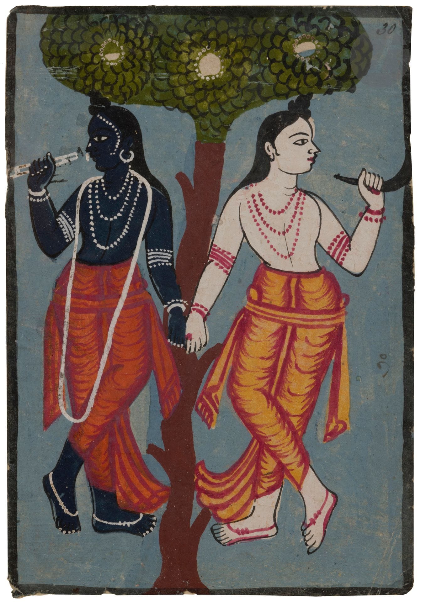 Deux peintures de Kalighat, Inde du Nord, Ouest du Bengale, fin XIXe - début XXe siècle
Gouaches sur papier. La première représentant Krishna, reconnaissable à sa peau bleue, jouant de la flûte sous un arbre avec son frère Balarama qui tient dans la main une corne. La seconde représente une femme, peut-être une apsara, tenant un rameau grignoté par un cervidé. Les deux sujets représentés sur fond bleu bordé d’une bande peinte en noir et numérotés respectivement 30 et 78 dans le coin supérieur droit. Sous cadre.
Dim. à vue : 22,5 x 15,5 cm et 24 x 17,4 cm
Forte usure.
