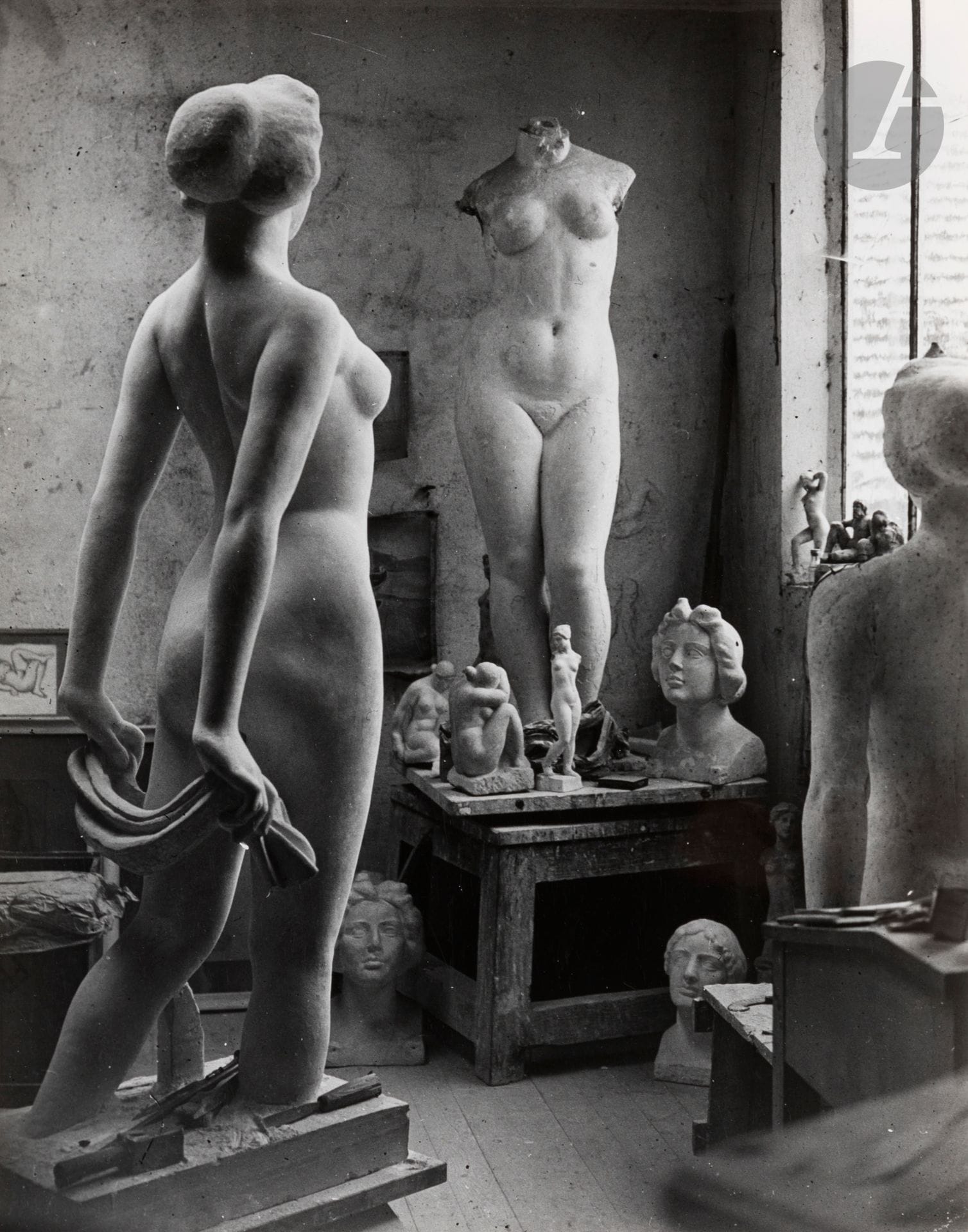 Brassaï (Gyula Halász, known as) (1899-1984)
Aristide Maillol's studio with L'ïle-de-France and the Venus with a Necklace. Marly-le-Roi, 1934.
Silver print (c. 1960). Stamp "© copyright by - Brassaï - 81, Faubourg St-Jacques", stamp "Succession - Brassaï - Estate", title, date and handwritten annotations on verso.
29.5 x 23.5 cm

Provenance : 
Brassaï sale, Millon & Associés, Paris, October 2, 2006, no. 234.