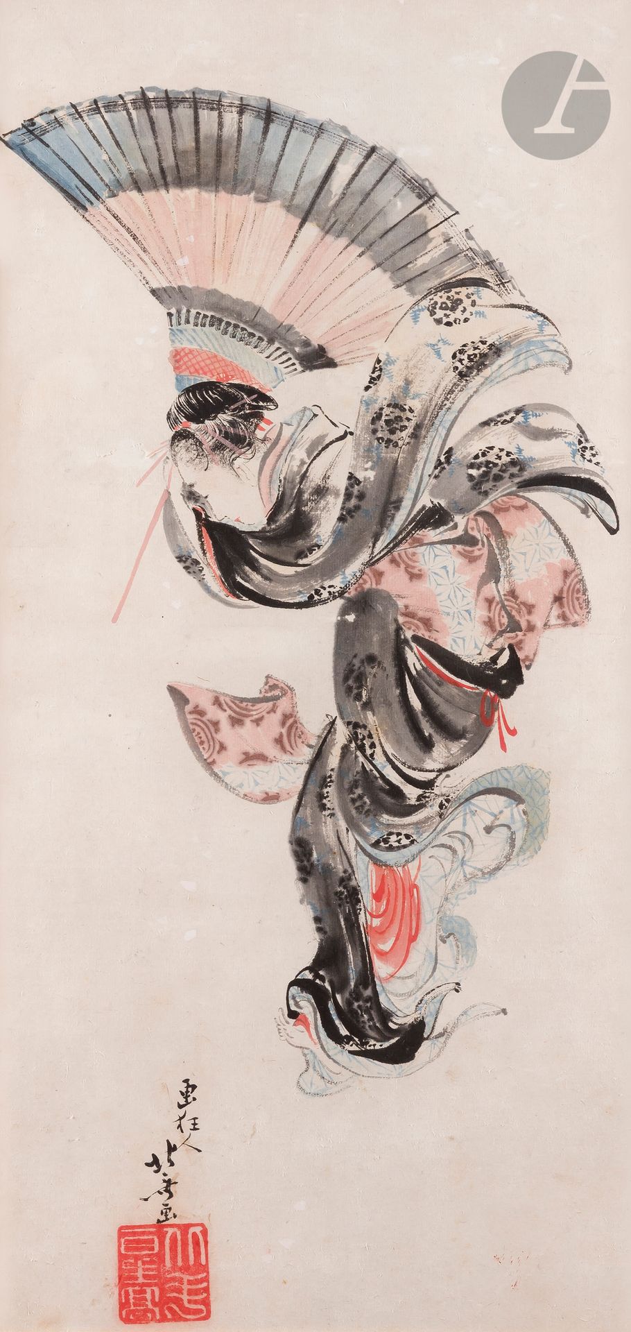 Katsuchika Hokusai (1760-1849) [Attributed to], painting on paper, Japan, early 19th century
India ink and pigments on paper. This painting, probably produced between 1800 and 1806, depicts a young woman swept away by a powerful wind as she turns her parasol upside down. The scene illustrates the artist's characteristic mastery of movement and natural elements. The young woman's kimono, caught in the whirlwind, seems to dance in the air, while the dynamic curves and asymmetry of the composition reinforce the realism and energy of the subject. 
The work is signed lower left Gakyōjin Hokusai ga - 画狂人北斎画, meaning "Hokusai, the drawing madman", an emblematic phrase used by the artist. The signature is accompanied by a rare seal, bearing the characters Hokuto isseikō - 北斗一星高 (which could be translated as "a high star in the Big Dipper"), whose limited use has sparked debate among Japanese experts, with some questioning its authenticity. A painting depicting Katō Kiyomasa and bearing the same seal is preserved in a museum in Nagoya. Another, depicting Jurō Jin, is in the Hokusaï kan museum in Obuse, Nagano prefecture, adding to the interest and singularity of this work. 
54.5 x 26 cm
Framed under glass, matted with kraft paper. Wormholes repaired, doubled, small tear due to wormholes.

Provenance: 
Former Nourhan Manoukian collection (1906-1993). By descent. 

This piece, part of Hokusai's mature artistic period, bears witness to the elegance and refinement of the ukiyo-e movement, with its subtle use of ink and pigments on paper. It is of particular interest to collectors because of its dynamic composition and the rarity of the seal. Its attribution, though consistent with Hokusai's style and period, nevertheless requires in-depth expertise to confirm its authenticity, which can only be achieved with the endorsement of the various specialists remaining in Japan.