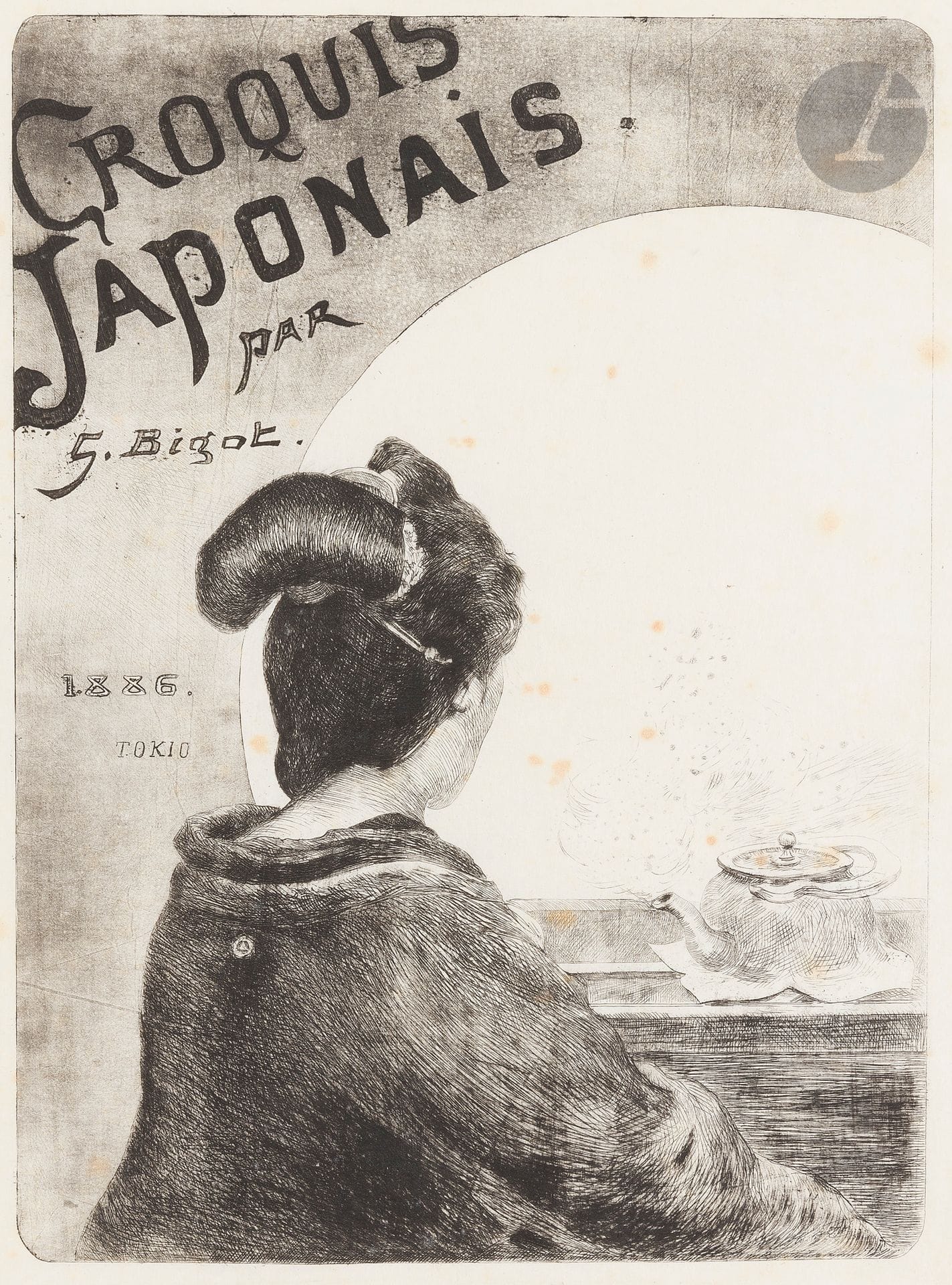 Georges Bigot (1860-1927)
Japanese sketch, 1886 
Reunion of 30 subjects (including the title).
Etching, roulette and drypoint. 
Size per sheet: 43.5 x 30 cm
Very fine proofs on thin laid paper. Some light foxing and traces of folding. Occasional dusting. Annotation in blue ballpoint pen on verso of one plate. Full margins.  

We thank Madame Hélène Bonafous-Murat for describing this lot.