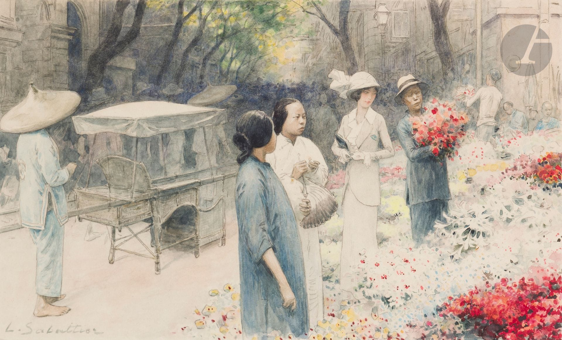 Louis Rémy Sabattier (1863-1935)
Marché aux fleurs en Chine
Aquarelle et crayon sur papier.
Signée en bas à gauche.
Dim. à vue : 15,5 x 25,5 cm 
Encadrée sous verre.

Une élégante européenne devant un riche étal de fleurs, entourée de femmes chinoises. Derrière elles, une chaise à porteur stationnée dans une rue animée à l’architecture de type européen bordée d’arbres. Devenu membre de la Société des artistes français en 1890, il travaille dès 1895 pour le magazine l’Illustration voyageant notamment au Tonkin, puis en Chine en 1912 où il visite Shanghai et Pékin.