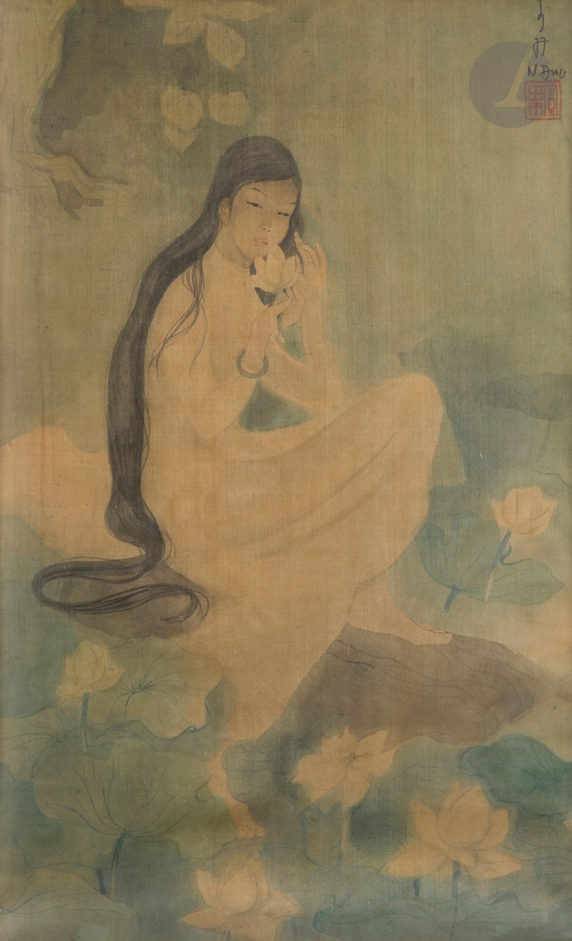 Nam Duc, two inks and colors on silk, Vietnam
- Young woman wearing a pink dress with long hair loose down her back, a lotus flower in her hand, seated on a tree trunk among blooming lotuses. Signed upper right N. Duc with artist's stamp and date 1977. 53.5 x 33.5 cm. - Scene depicting women and a man at work in a rice field near bamboos. Inscription in Chinese lower right with artist's stamp Nam Duc. On the back, the Vietnamese inscription canh quê - "countryside landscape". 36.8 x 56.8 cm