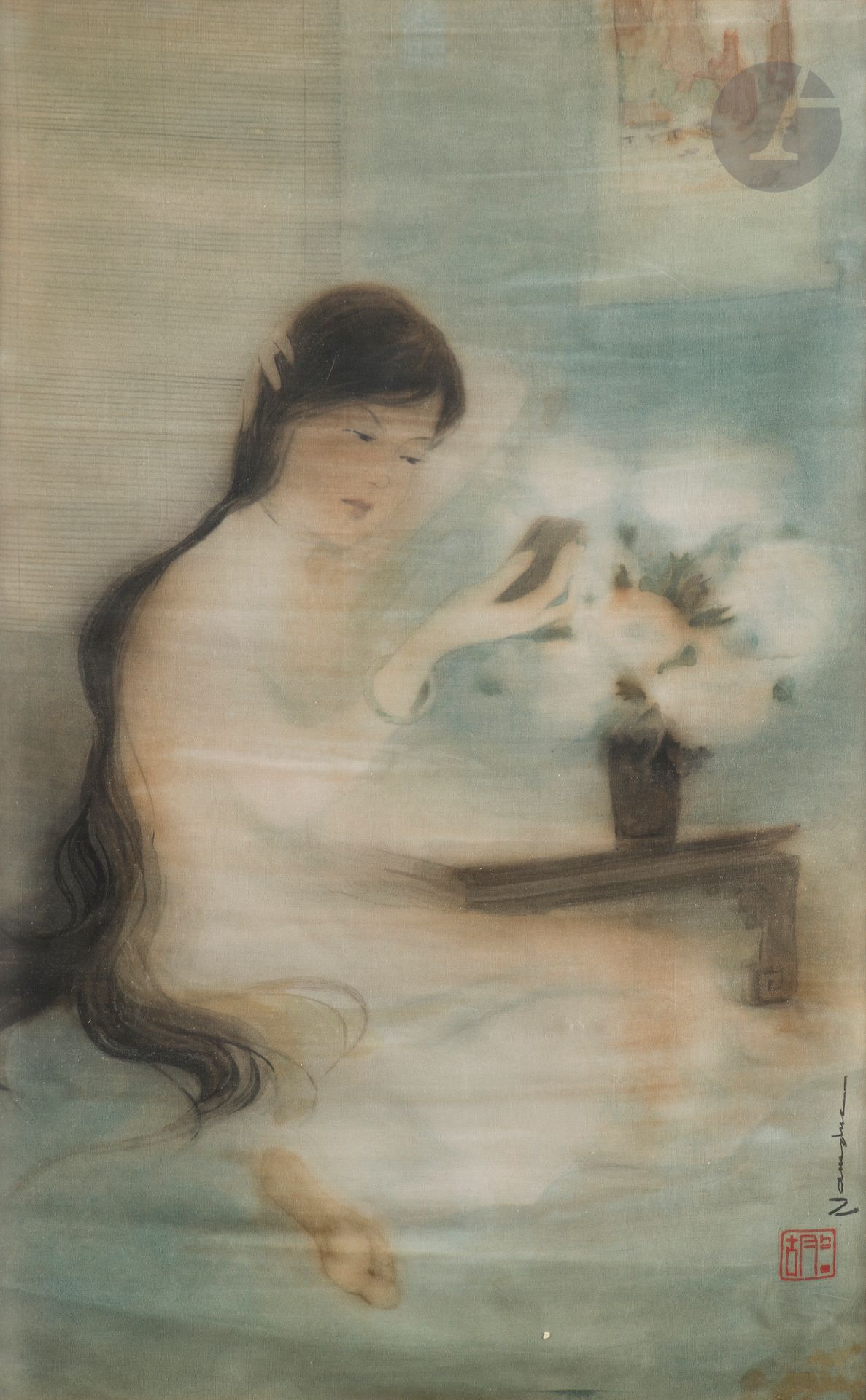 Nam Duc, two inks and colors on silk, Vietnam
- Young woman wearing a white dress looking into a small mirror, seated near a low table where a vase of white flowers rests, a scroll painting hung on the wall. Signed lower right Nam Duc with artist's stamp. 35.4 x 33.5 cm. - Scene depicting peasants working in a rice field bordered by bamboo, in the background a herdsman working with his buffalo. Signed lower right N. Duc with a red artist's stamp and the date 1977. 36.5 x 56.5 cm