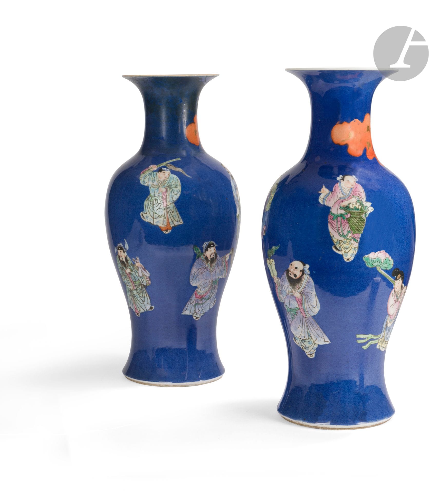 Pair of porcelain vases decorated with immortals on a powder-blue background, China, early 20th century
Each enameled in polychrome on a powder-blue ground with the eight Taoist Immortals with their attributes. From Tieguai Li's gourd containing the elixir of immortality, five bats rise in a wisp of smoke. Double circle in underglaze blue at base. An old "Au Printemps" label on one.
Height: 46 cm
Significant restoration to the neck of one.