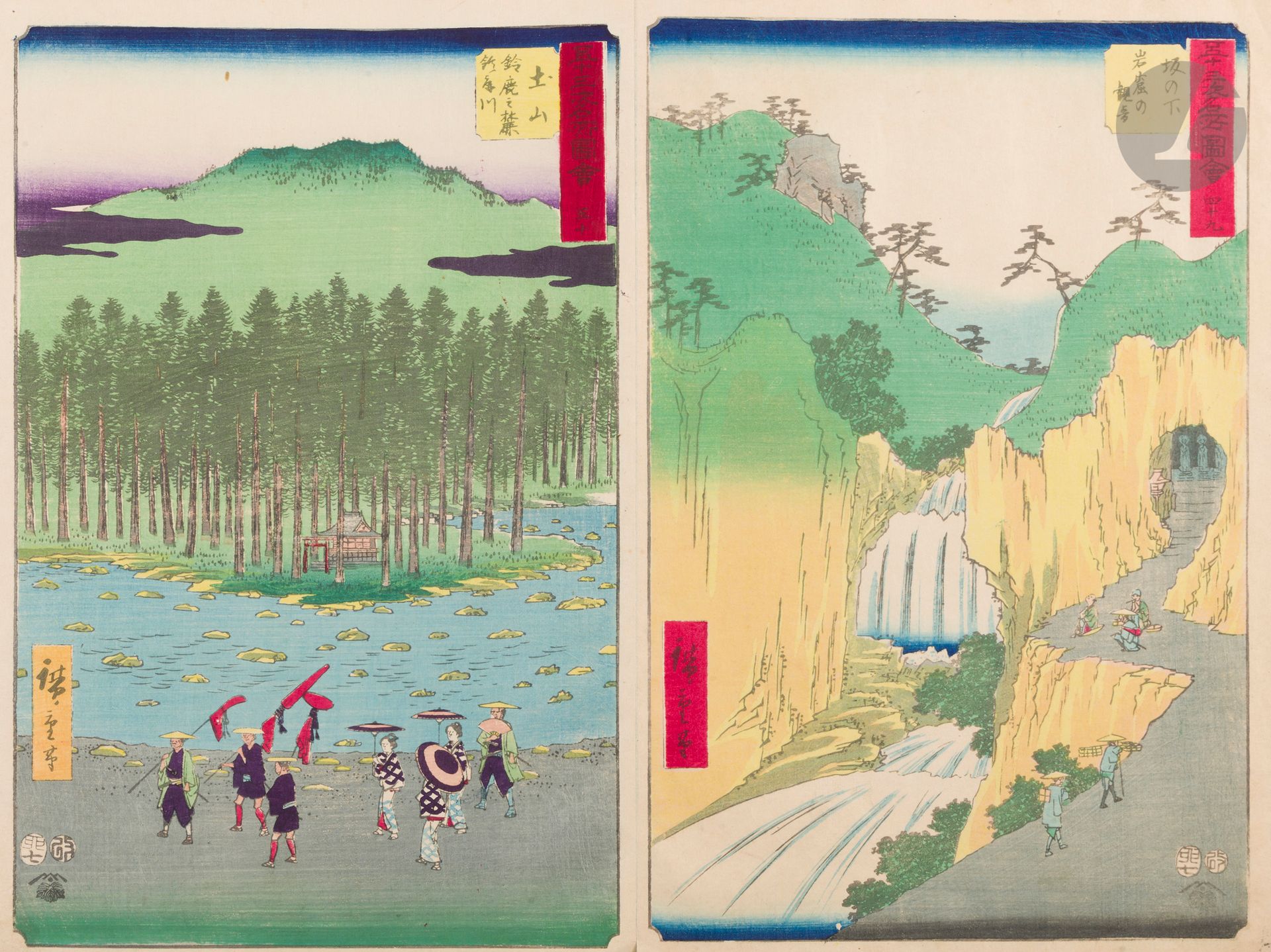 Utagawa Hiroshige - 歌川広重 (1797-1858), « Les cinquante-trois stations de la route du Tokaïdo » - Gojūsan tsugi meisho zue - 五十三次名所図会, Japon, fin du XIXe siècle
Album monté en accordéon contenant 51 estampes et quatre estampes séparées, encre et polychromie sur papier, présentant la série complète des cinquante-trois stations du Tokaido dans sa version « Tate-e » en raison de l’orientation verticale des estampes, surnommée le Tokaido vertical. Il s’agit ici d’un tirage tardif mais en très bon état avec de bonnes couleurs.
Date de la première édition : 1855 (Ansei 2).
Éditeur : Tsutaya Kichizō (Kōeidō).
Format : ōban vertical.
Nombre de tirages : 55/55.
Références : Ukiyo-e shūka 14 (p.252 #24), NDL (album de 55 estampes), BM (album de 55 estampes).
Quelques pages de l’album séparées.

Provenance : 
Ancienne collection de Till Sudeck (1926-2014), céramiste à Hambourg.

Cette série d’estampes, œuvre remarquable d’Utagawa Hiroshige, fut réalisée au milieu du XIXe siècle. Elle fait partie de sa célèbre série consacrée à la route du Tokaido, qui reliait Edo (aujourd’hui Tokyo) à Kyoto. Contrairement à la représentation traditionnelle horizontale des paysages japonais, cette œuvre adopte une composition verticale audacieuse, créant une impression de profondeur et d’altitude. Le Tokaido vertical capture des scènes pittoresques avec des montagnes majestueuses, des ponts suspendus, et des voyageurs en chemin. Hiroshige maîtrise ici l’art du contraste entre les éléments naturels et les activités humaines, tout en jouant sur les variations de lumière et de saison, caractéristiques du style ukiyo-e.