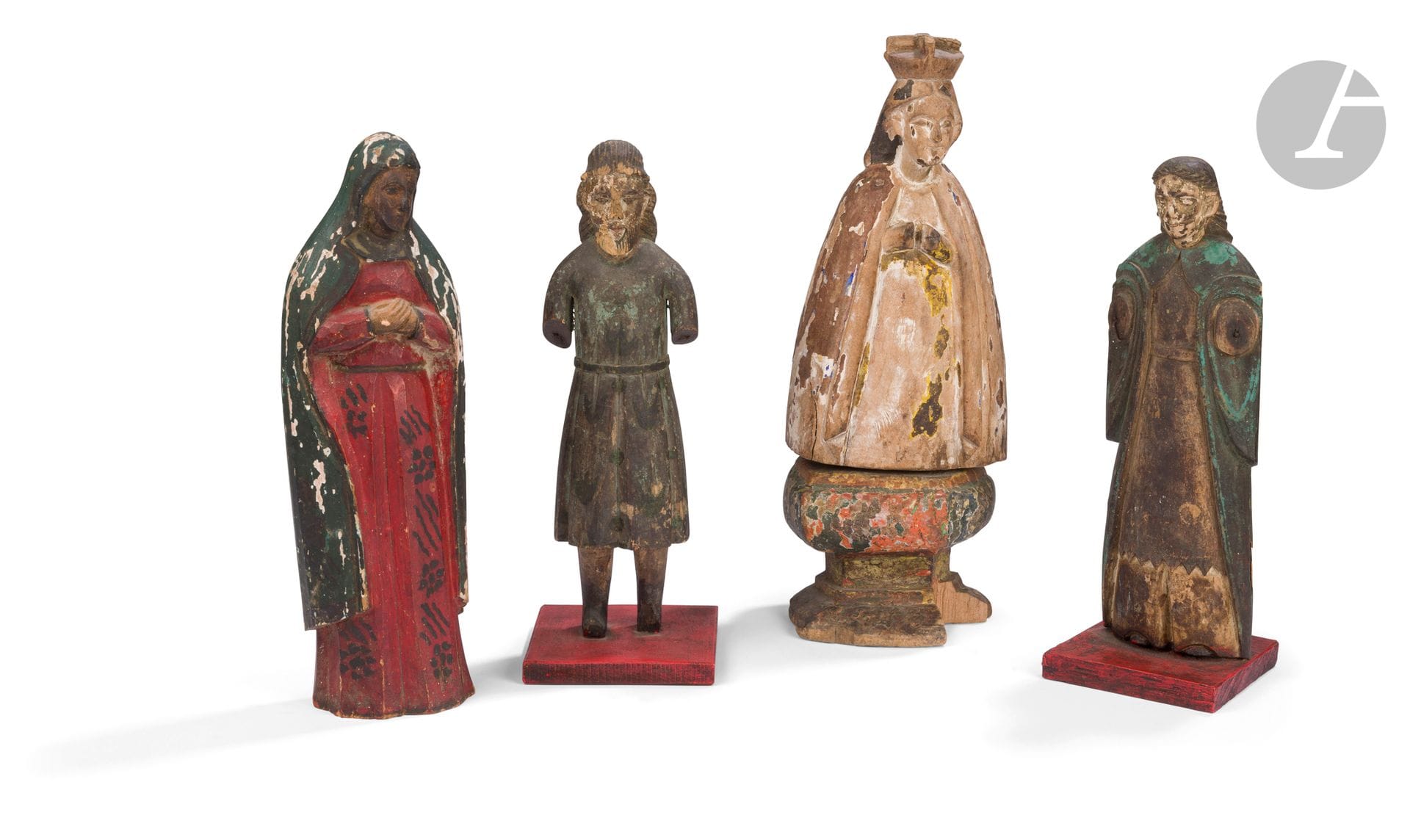 Four Indo-Portuguese statuettes with Christian subjects in polychrome wood, probably Goa, 18th - 19th century
Carved in the round with polychromy, inspired by Christian productions from Portugal or Spain. They represent two saints, one of whom bears a label indicating San Isidro, and two Virgin Marys, one of whom is on a pedestal. Six black circles around a central circle of the same size on the red garment of a Virgin Mary could be interpreted as a mon, the coat of arms of a samurai clan. 
Height: 39 cm; length: 14 cm for the largest.

Provenance: 
Former Japanese collection in Kyoto.

These works, often produced in Goa but also in the Philippines, were used by the Jesuits to evangelize the peoples of Asia.