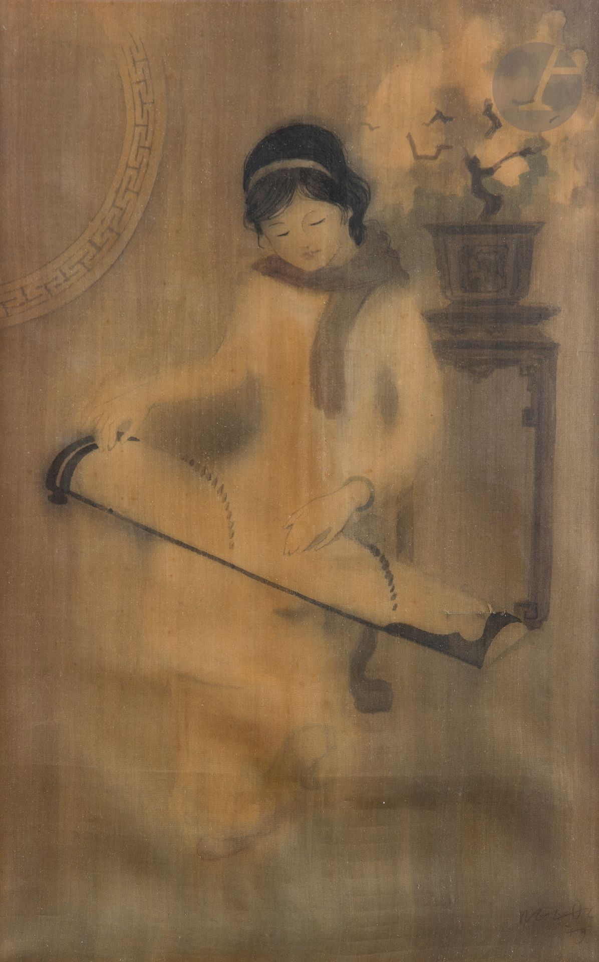N. G. Loc, ink and colors on silk, Vietnam
Ink on silk. Young woman playing the dan tranh, seated near a round window in an interior furnished with a saddle on which rests a planter planted with a bonsai tree. Signed N. G. Loc lower right and dated 79.
53 x 33.5 cm