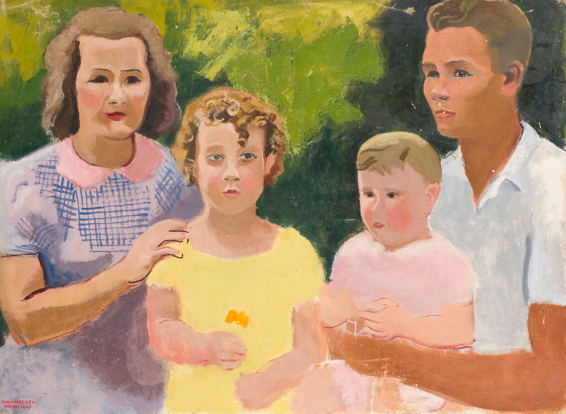 Joseph Inguimberty (1896-1971)
Portrait de famille, 1945
Huile sur toile.
Signée, datée et située Hanoï en bas à gauche.
73 x 100 cm
(Manques, griffures et usure).

Provenance : 
René Gilles, fondé de pouvoir de la Maison Denis Frères à Haïphong. Par descendance.