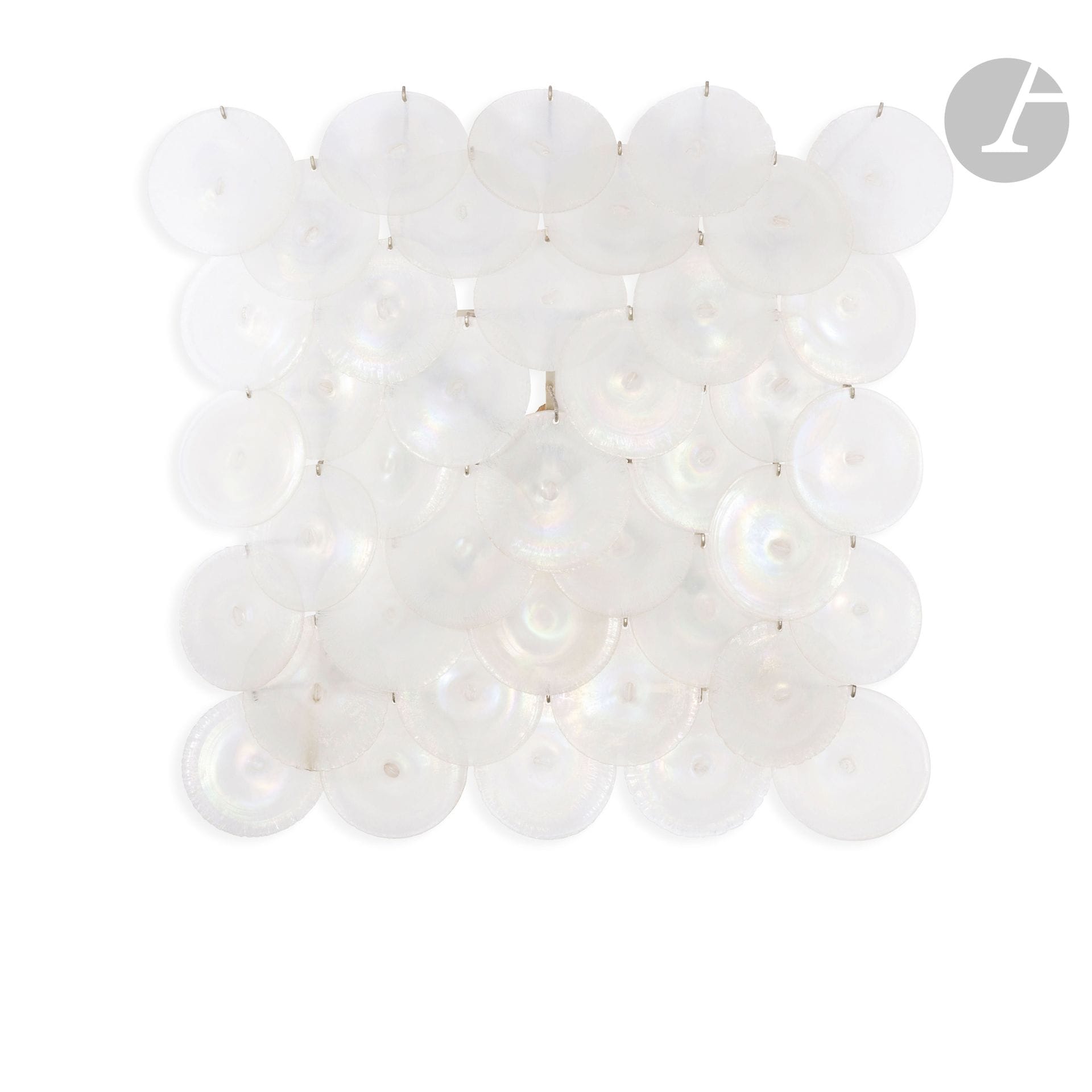 CARLO NASON (B. 1936) DESIGNER &amp; MAZEGGA ÉDITEUR (ATTRIBUTED TO)
Very large square wall lamp. Chromed metal frame. Circular Murano glass pendants, some richly iridescent, others pearly. Two pendants are missing. H.68cm - L.68cm